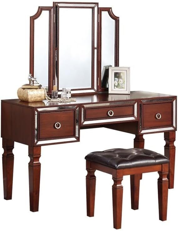 Luxurious Majestic Classic Cherry Color Vanity Set W Stool 3 Storage Drawers 1Pc Bedroom Furniture Set Tri Fold Mirror Cherry Bedroom Traditional Poplar Rubber Wood