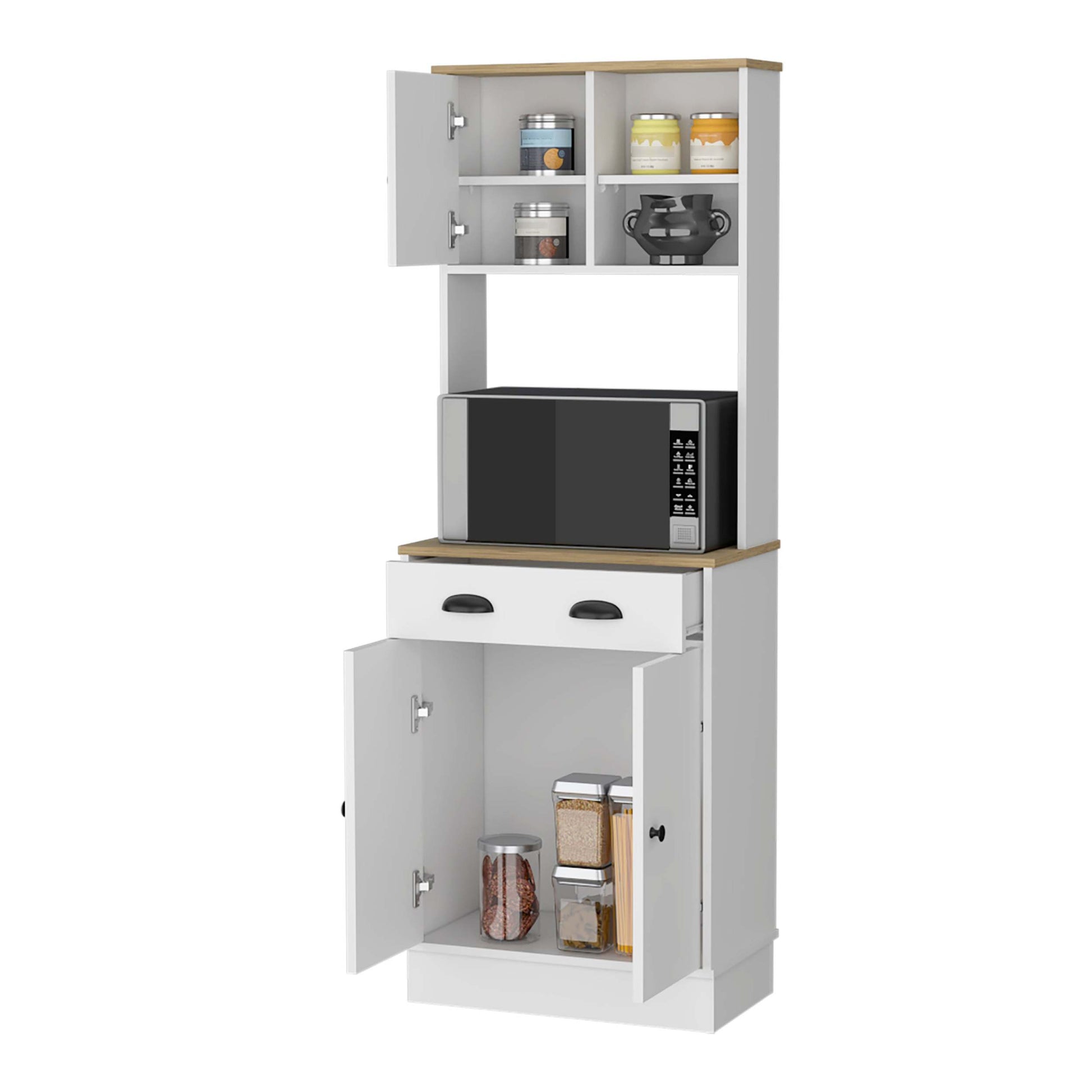 Palmer 2 Door Cabinet Microwave Kitchen Pantry In White And Macadamia White Engineered Wood