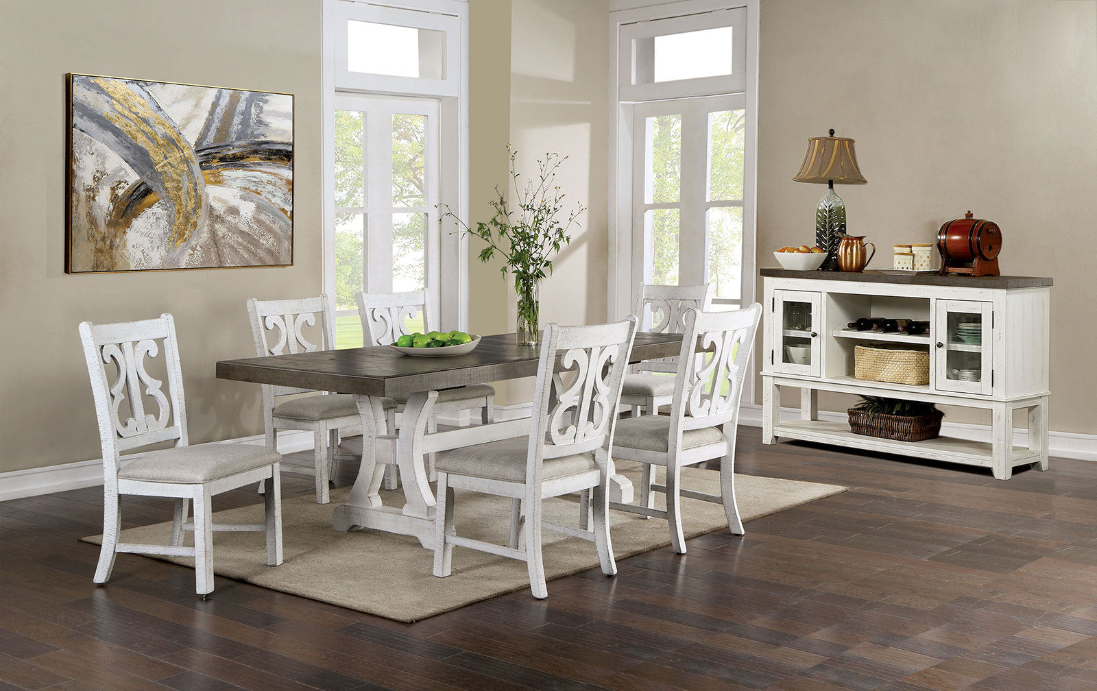 Lavish Design Distressed White 2Pcs Dining Chairs Only, Gray Padded Fabric Seat Dining Room Kitchen Furniture Solid Wood Decorative Back White Gray Dining Room Modern,Rustic Dining Chairs Solid Wood