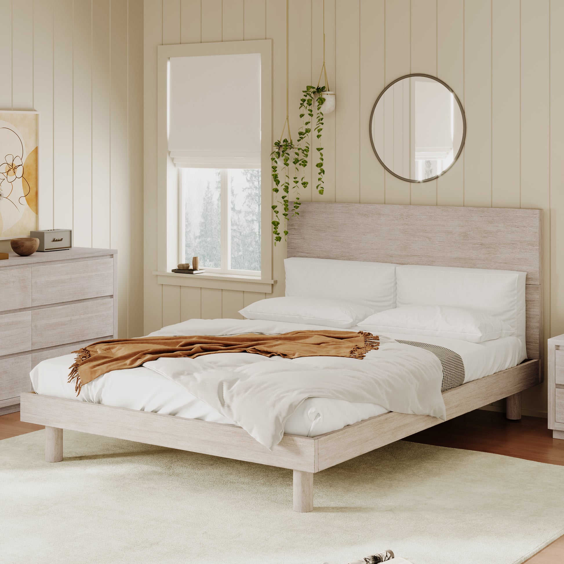 Modern Concise Style Solid Wood Grain Platform Bed Frame, Queen, Stone Gray Stone Gray Wood