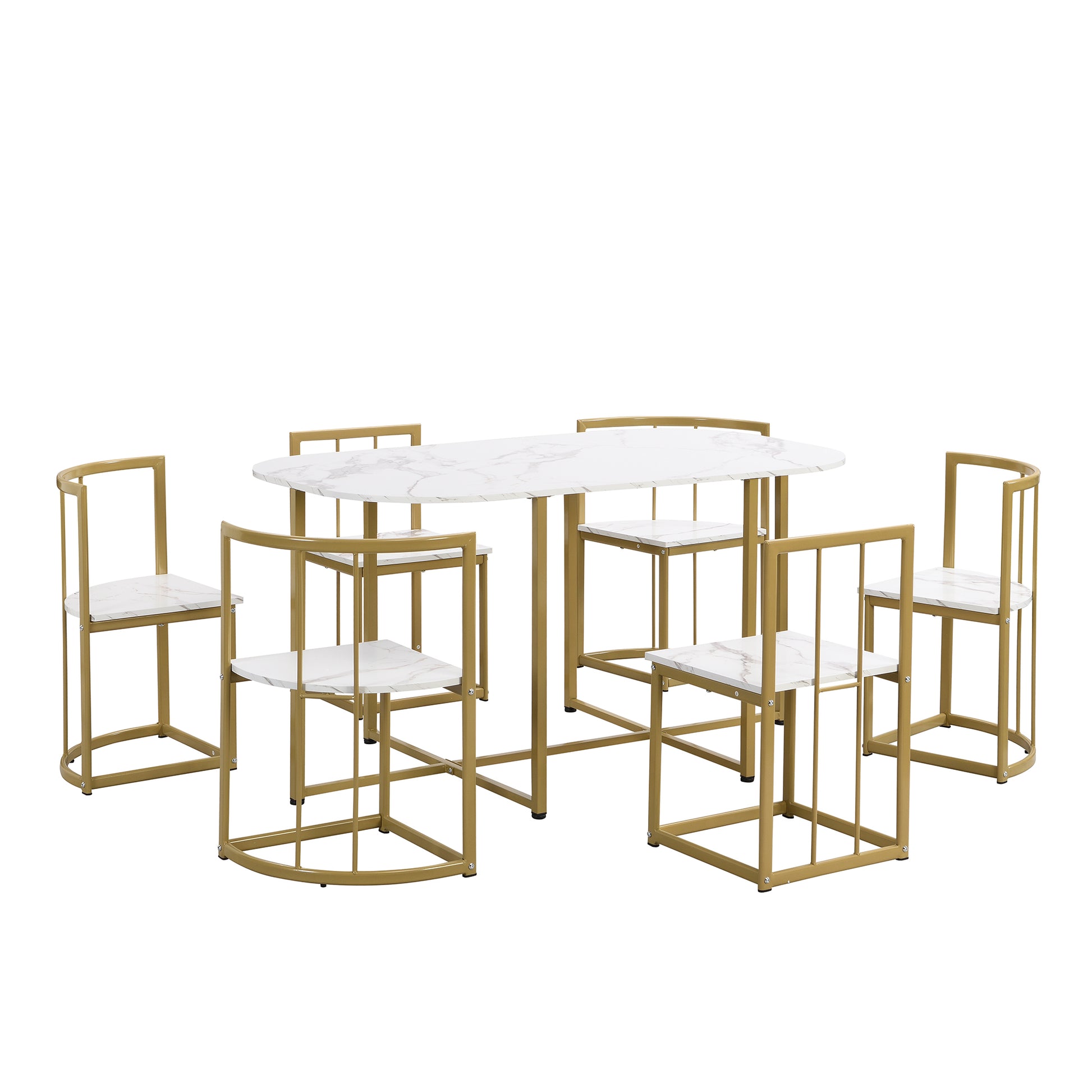 Modern 7 Piece Dining Table Set With Faux Marble Compact 55Inch Kitchen Table Set For 6, Golden White Metal Golden White Seats 6 Metal Dining Room Modern Dining Table With Chair Iron