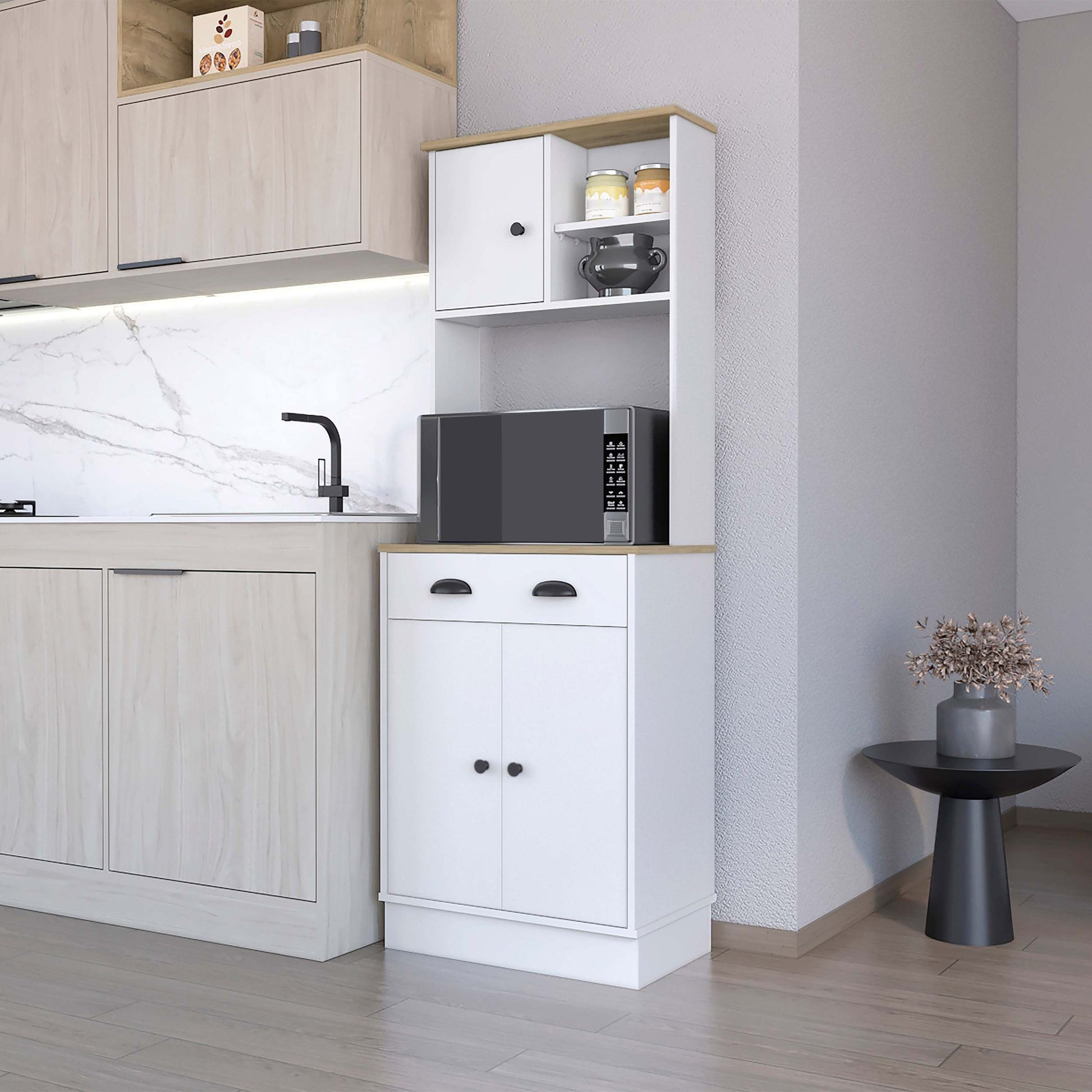 Palmer 2 Door Cabinet Microwave Kitchen Pantry In White And Macadamia White Engineered Wood