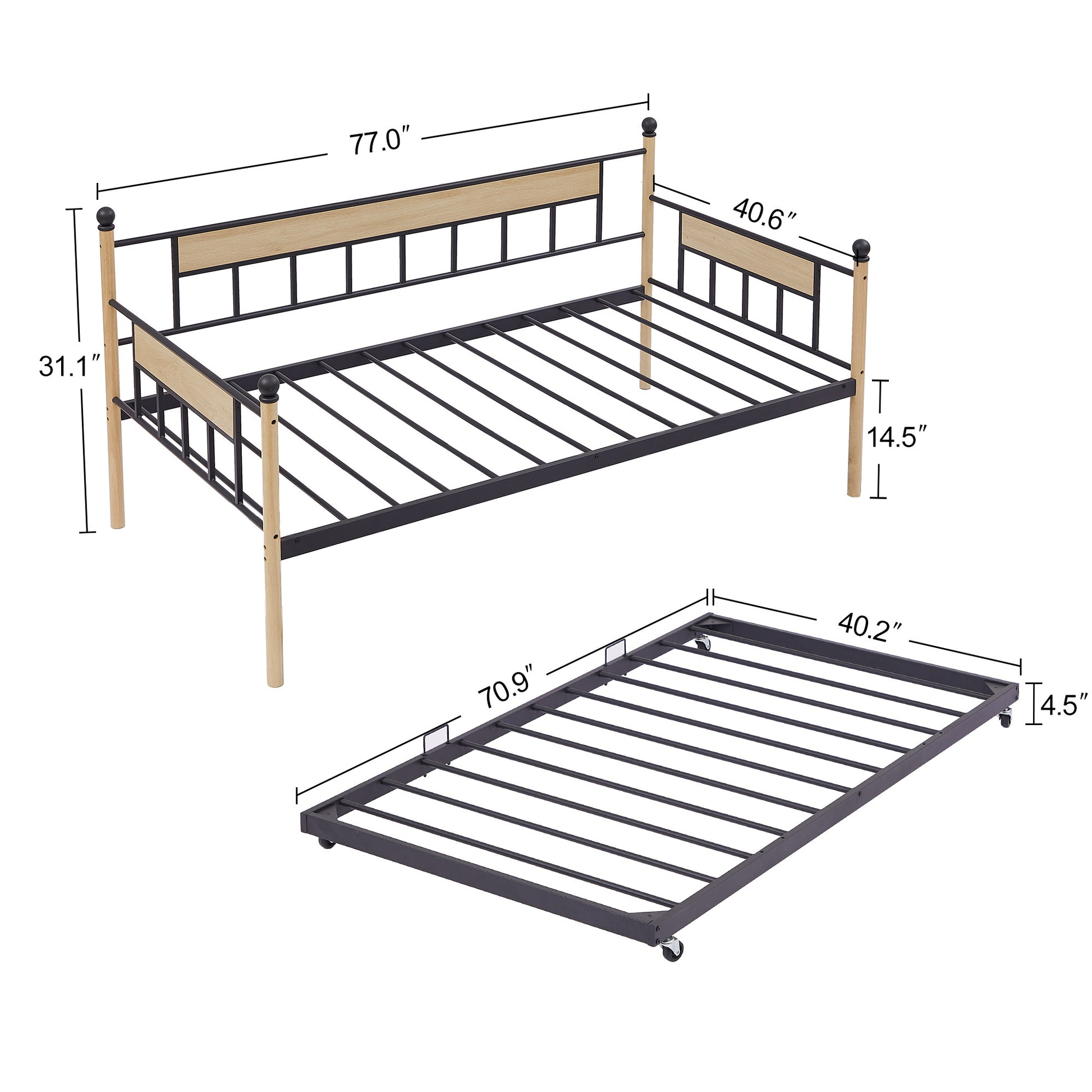 Daybed, Sofa Bed Metal Framed With Trundle Twin Size, Black, 77''L X 40.6'' W X 14.5'' H Twin Black Steel