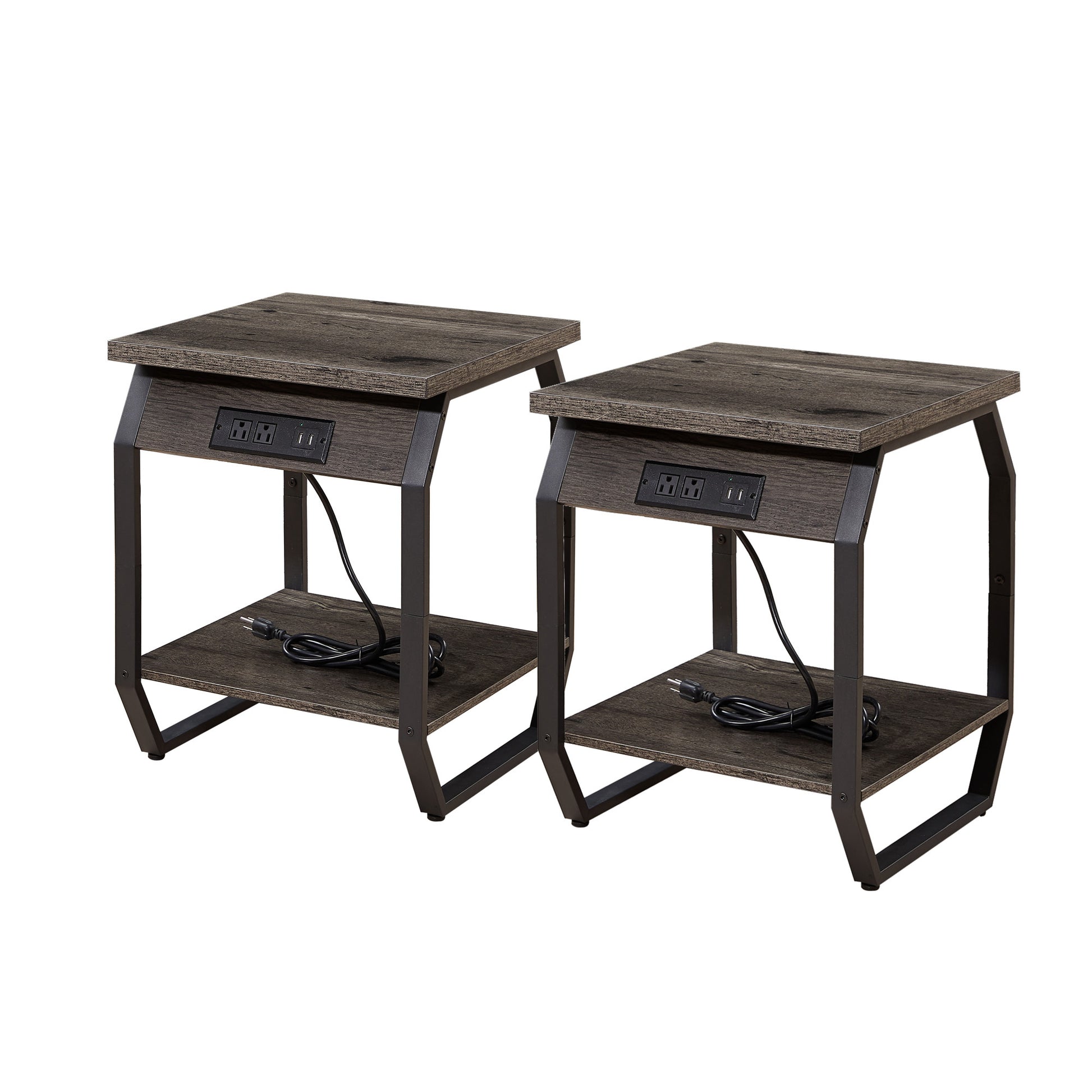 Side Table With Charging Station, Set Of 2 End Tables With Usb Ports And Sockets, Bedside Tables In Living Room, Bedroom, Dark Grey,17.32'' W X 17.32'' D X 21.65'' H. Dark Gray Particle Board