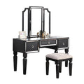 Luxurious Majestic Classic Black Color Vanity Set W Stool 3 Storage Drawers 1Pc Bedroom Furniture Set Tri Fold Mirror Black Bedroom Traditional Poplar Rubber Wood