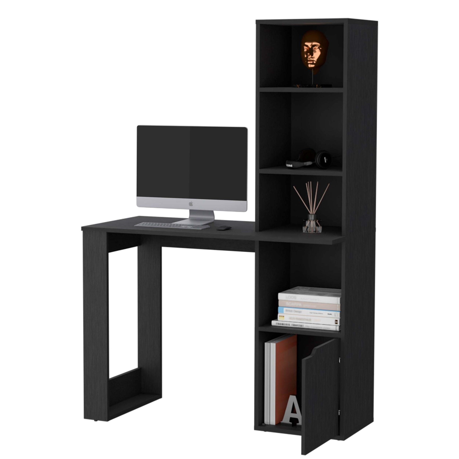 Peterson Computer Desk With 4 Tier Bookcase And 1 Door Cabinet Black Black Engineered Wood