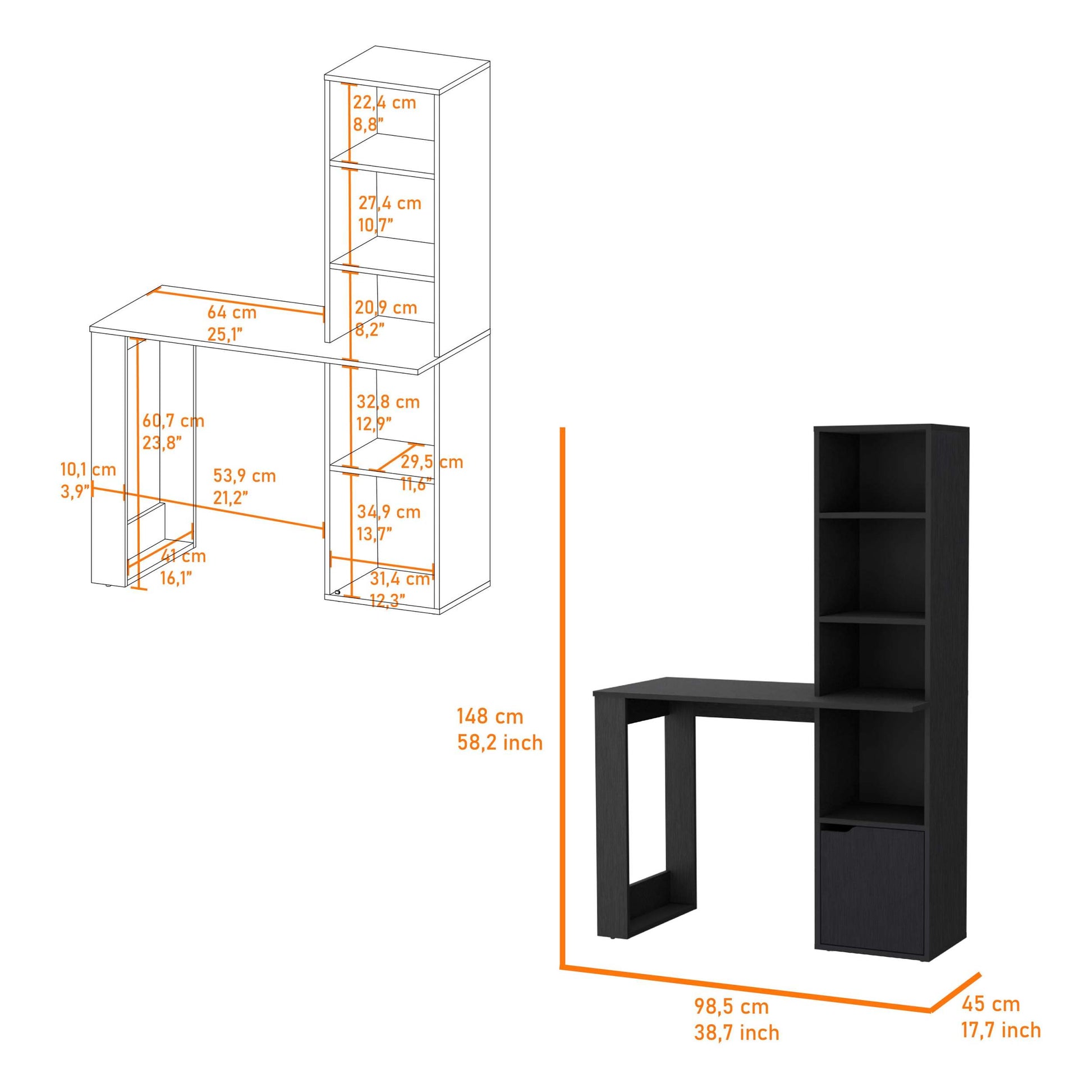 Peterson Computer Desk With 4 Tier Bookcase And 1 Door Cabinet Black Black Engineered Wood