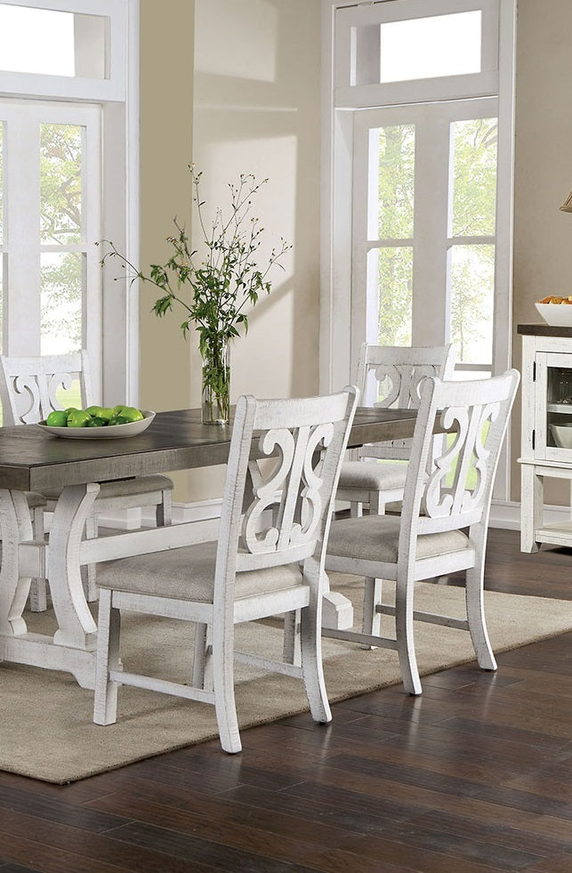 Lavish Design Distressed White 2Pcs Dining Chairs Only, Gray Padded Fabric Seat Dining Room Kitchen Furniture Solid Wood Decorative Back White Gray Dining Room Modern,Rustic Dining Chairs Solid Wood