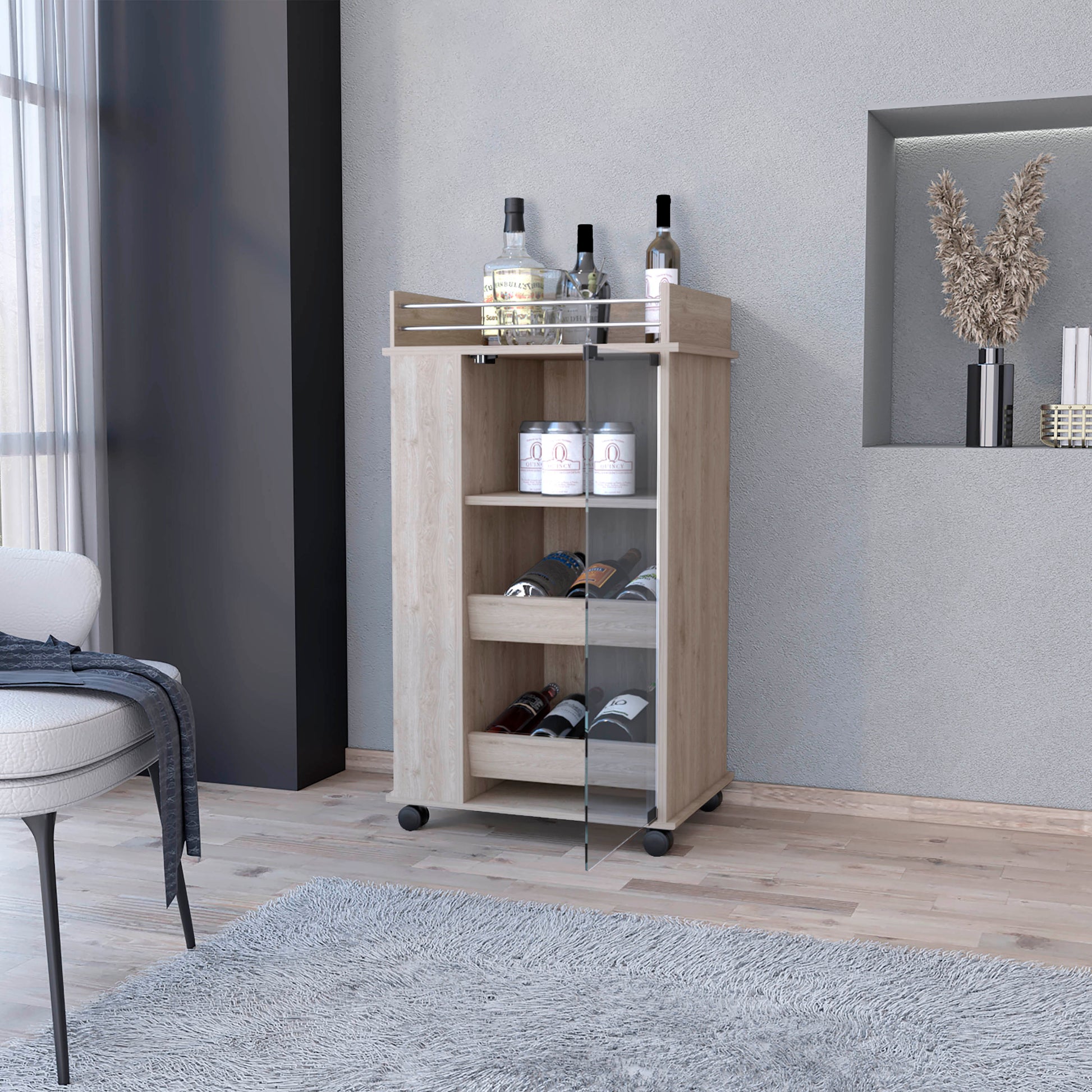 Willow Park Glass Door Bar Cart With Bottle Holder And Casters Light Gray Gray Engineered Wood