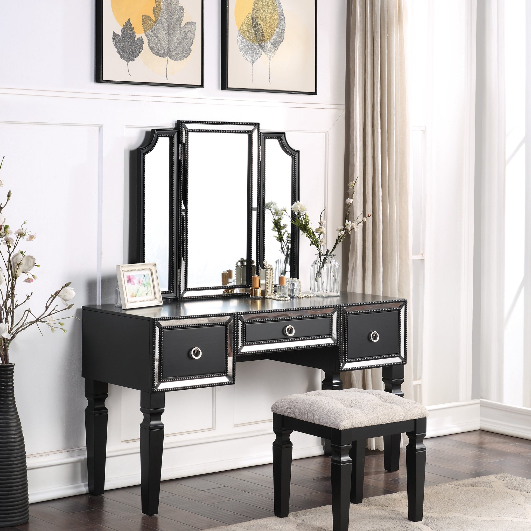 Luxurious Majestic Classic Black Color Vanity Set W Stool 3 Storage Drawers 1Pc Bedroom Furniture Set Tri Fold Mirror Black Bedroom Traditional Poplar Rubber Wood