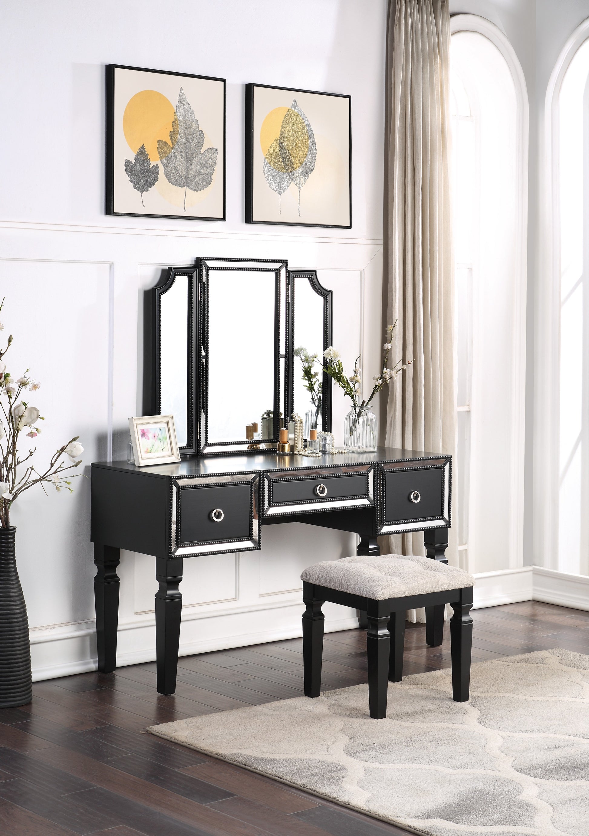 Luxurious Majestic Classic Black Color Vanity Set W Stool 3 Storage Drawers 1Pc Bedroom Furniture Set Tri Fold Mirror Black Bedroom Traditional Poplar Rubber Wood