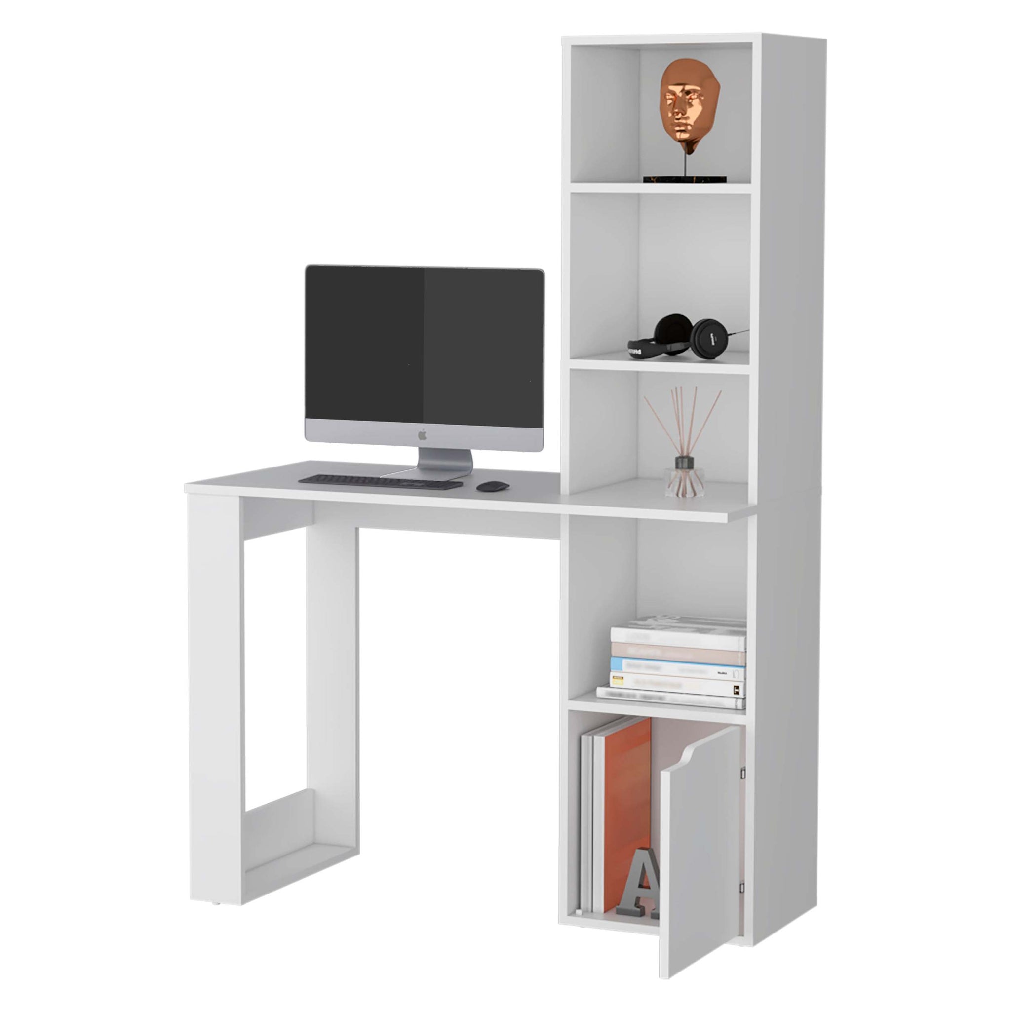 Peterson Computer Desk with 4 Tier Bookcase and 1 Door white-engineered wood