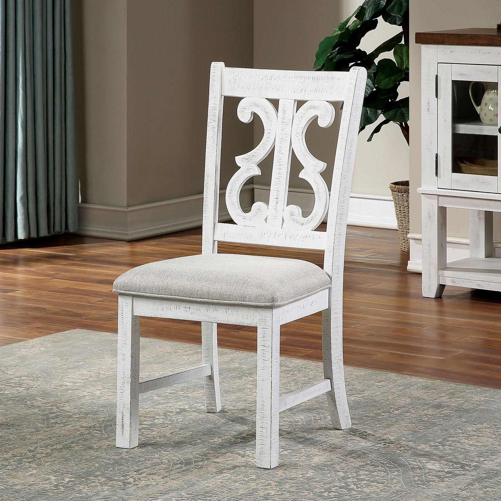 Lavish Design Distressed White 2Pcs Dining Chairs Only, Gray Padded Fabric Seat Dining Room Kitchen Furniture Solid Wood Decorative Back White Gray Dining Room Modern,Rustic Dining Chairs Solid Wood