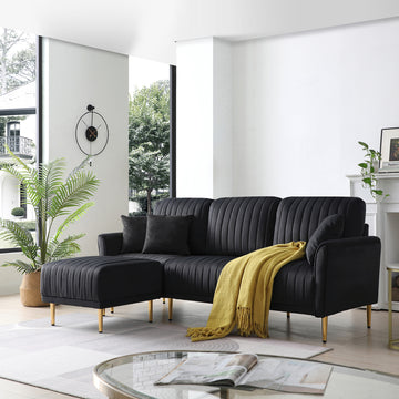 Living Room Sectional Black Sofa Couch With Ottoman, Modern L Shaped Chaise Lounge With 3 Seat Sofa And Ottoman, Upholstered Fabric Sectional Sofa Couch, Sectional Sofa For Home, Apartment Black Foam Velvet