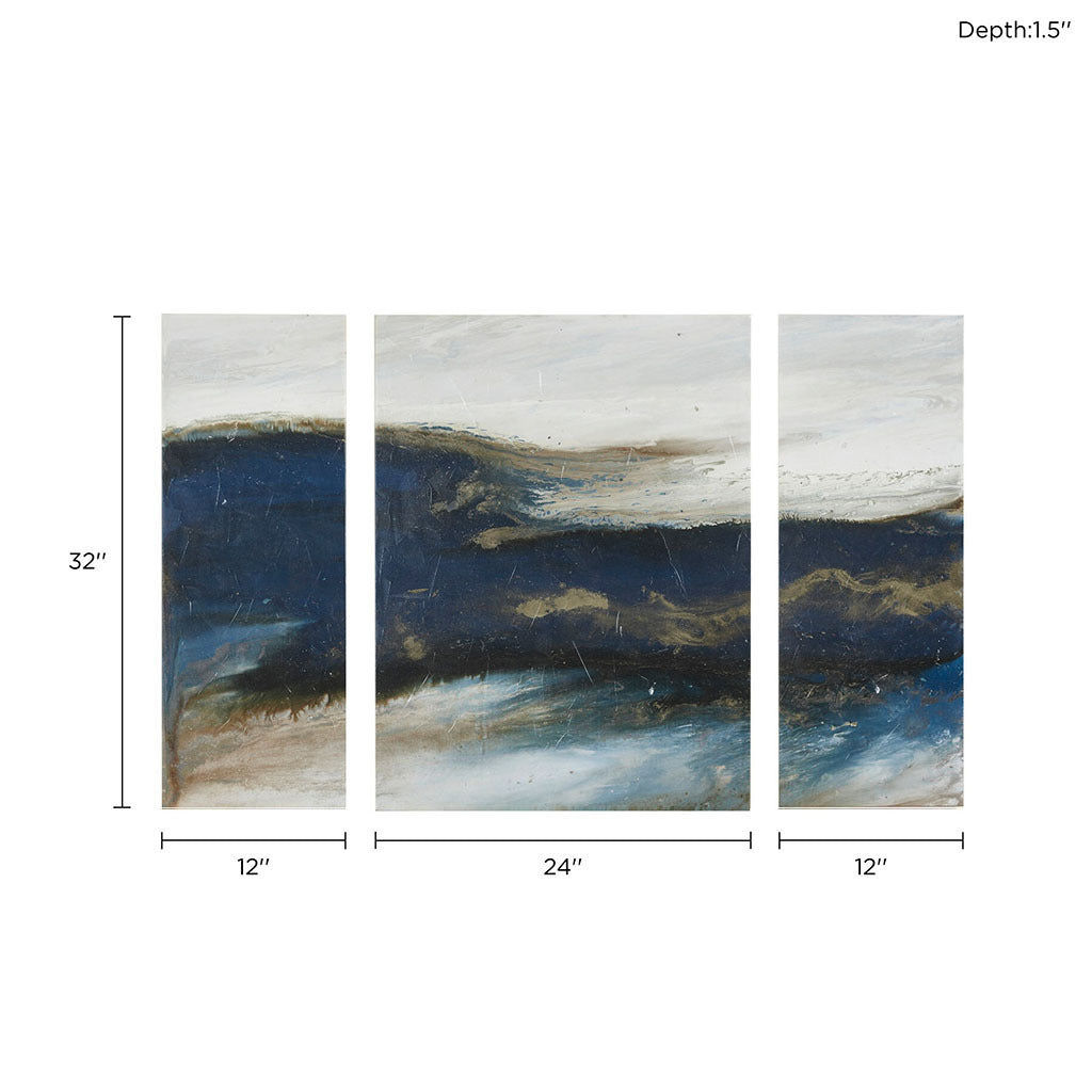 Triptych 3 Piece Canvas Wall Art Set Blue Wood