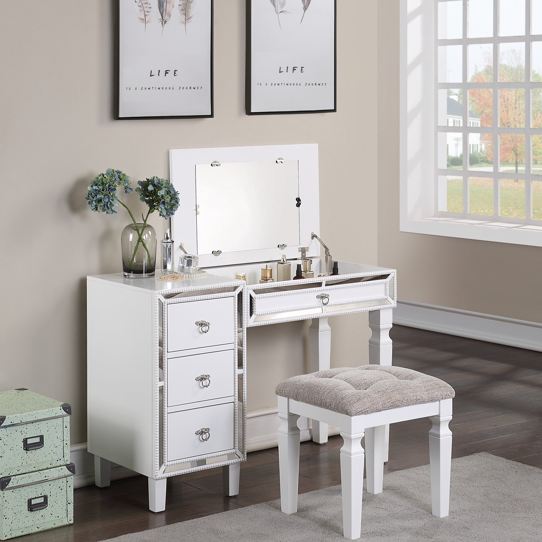 Traditional Formal White Color Vanity Set W Stool Storage Drawers 1Pc Bedroom Furniture Set Tufted Seat Stool White Bedroom Traditional Poplar Rubber Wood