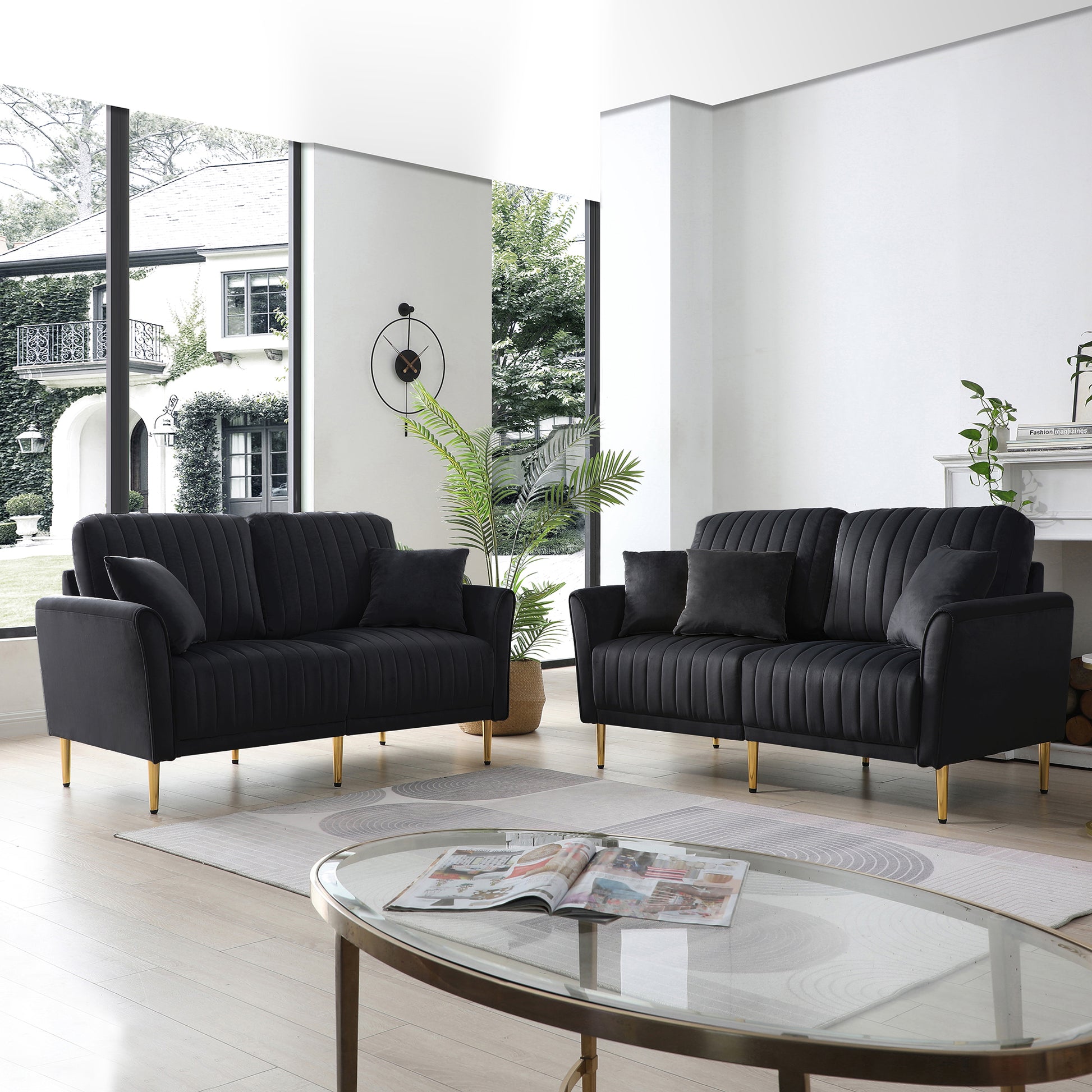 Black Velvet Modern 2 Pieces Of 2 Seat Sofa And Loveseat Couch Living Room Set, Metal Legs With Self Fabric Pillows Black Foam Velvet 4 Seat