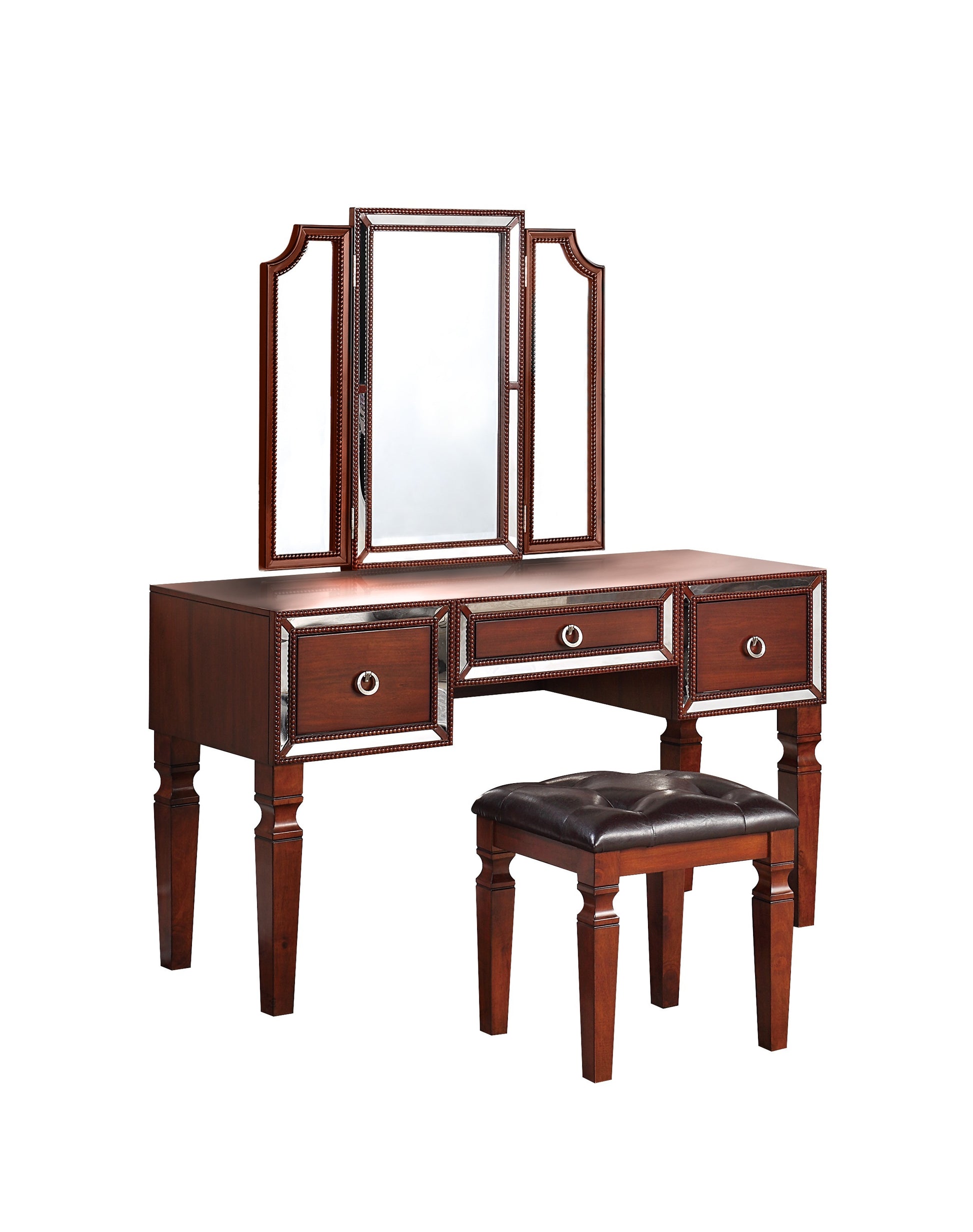 Luxurious Majestic Classic Cherry Color Vanity Set W Stool 3 Storage Drawers 1Pc Bedroom Furniture Set Tri Fold Mirror Cherry Bedroom Traditional Poplar Rubber Wood