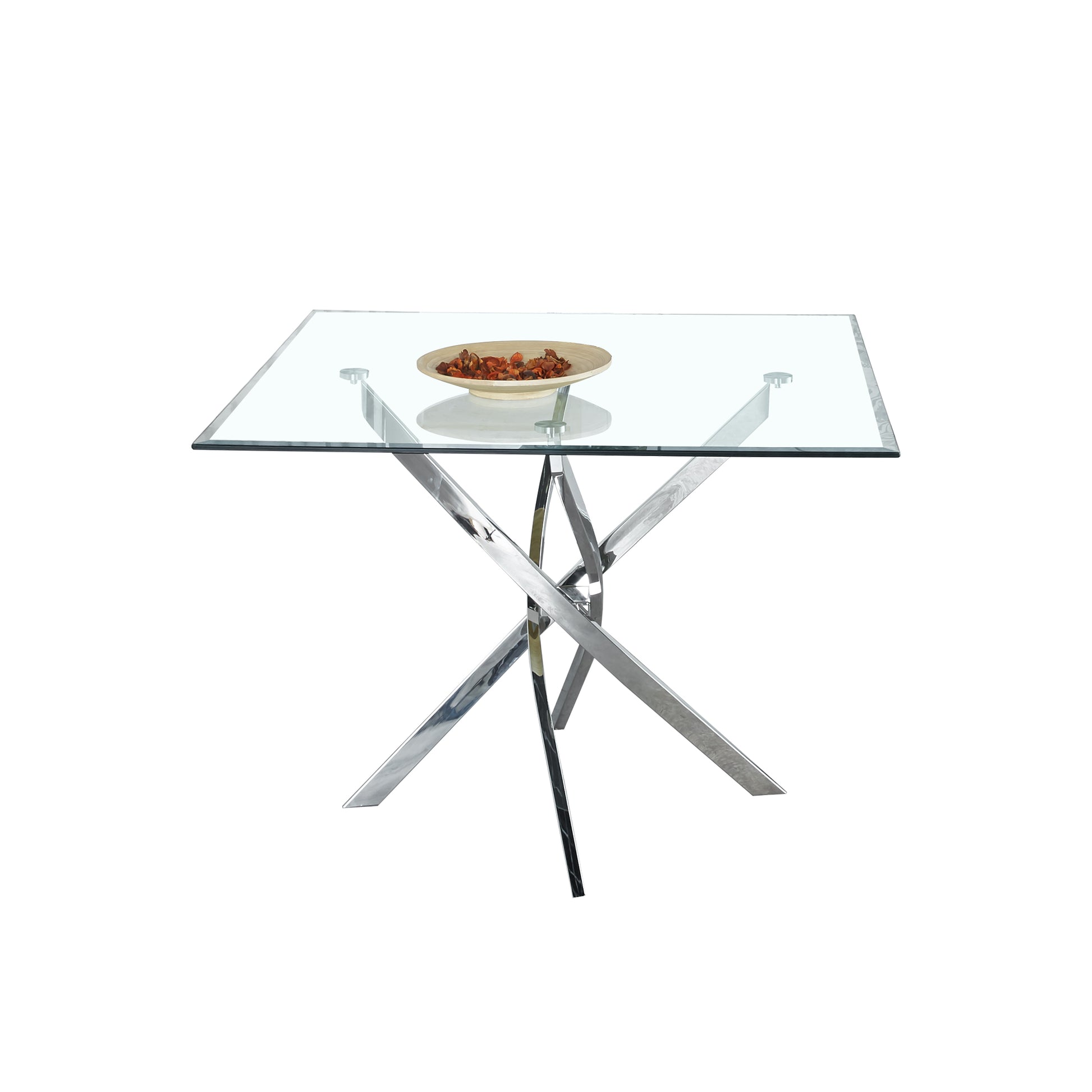 Contemporary Square Clear Dining Tempered Glass Table With Silver Finish Stainless Steel Legs Silver Tempered Glass