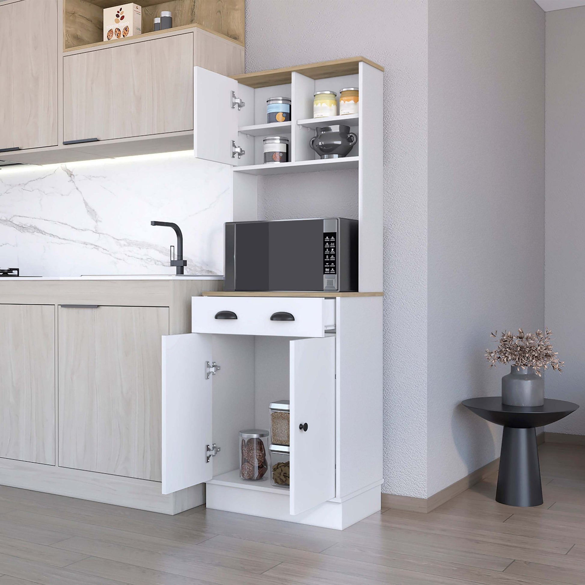 Palmer 2 Door Cabinet Microwave Kitchen Pantry In White And Macadamia White Engineered Wood