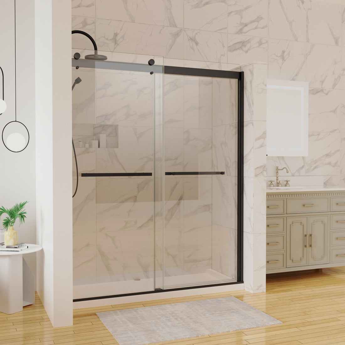 60 in. W x 74 in. H Shower Door in Matte Black with 5 matte black-aluminium