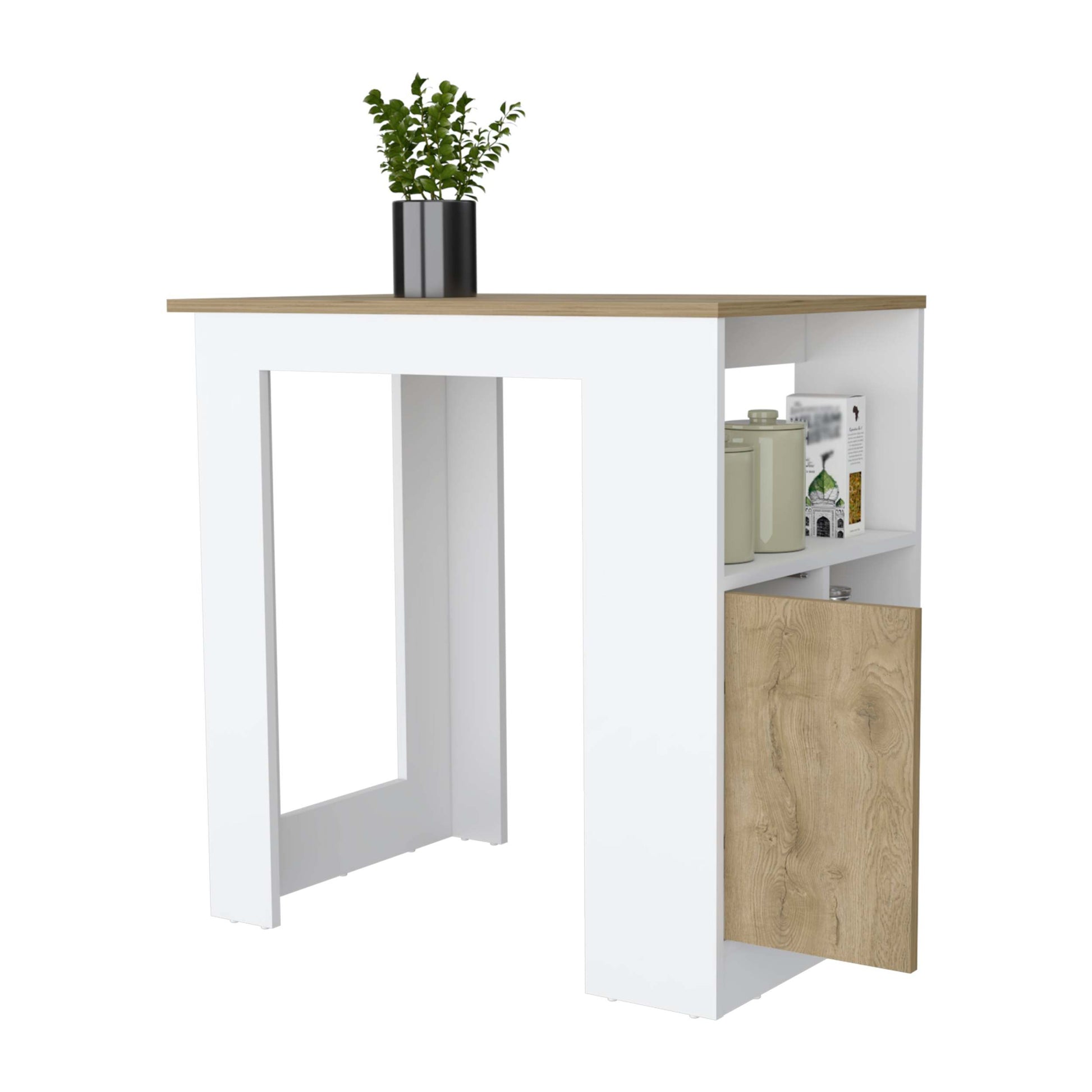 Aurora Kitchen Island With Open Compartment And Cabinet In White And Macadamia White Engineered Wood