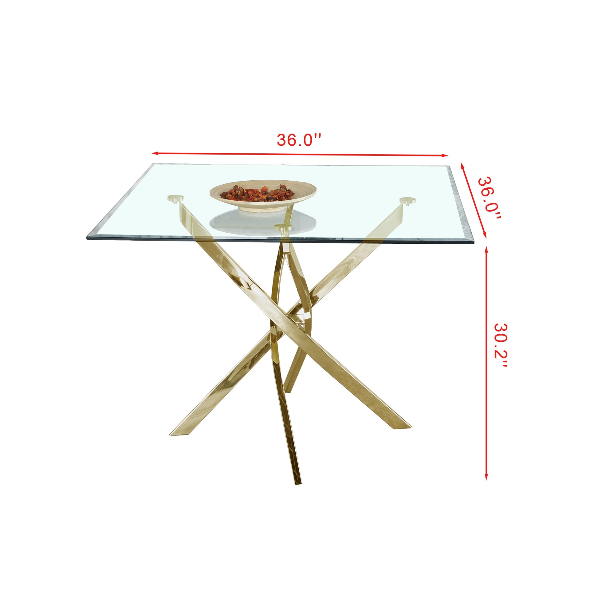 Contemporary Square Clear Dining Tempered Glass Table With Gold Finish Stainless Steel Legs Gold Tempered Glass