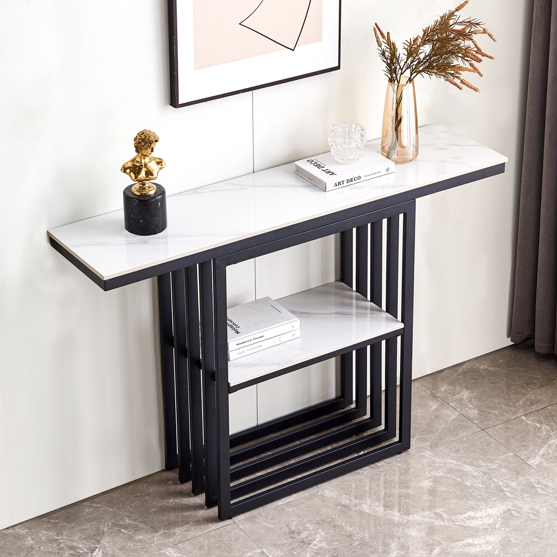 Modern Console Table, Metal Frame With Adjustable Foot Pads For Entrance, Corridor, Living Room & Office. Black Black Steel