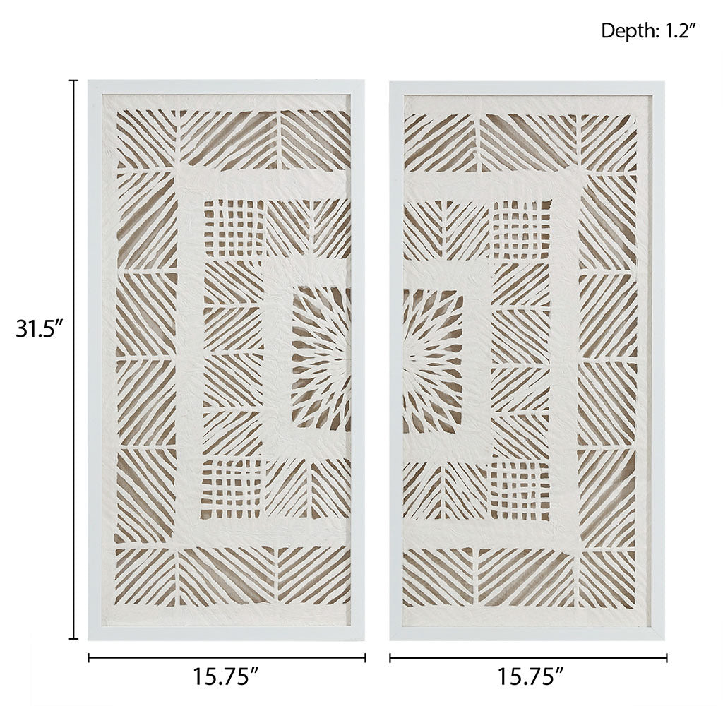 Framed Geometric Rice Paper Panel 2 Piece Shadowbox Wall Decor Set Off White Mdf