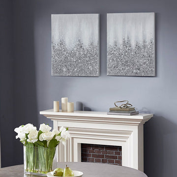 Heavily Embellished 2 Piece Canvas Wall Art Set Silver Mdf