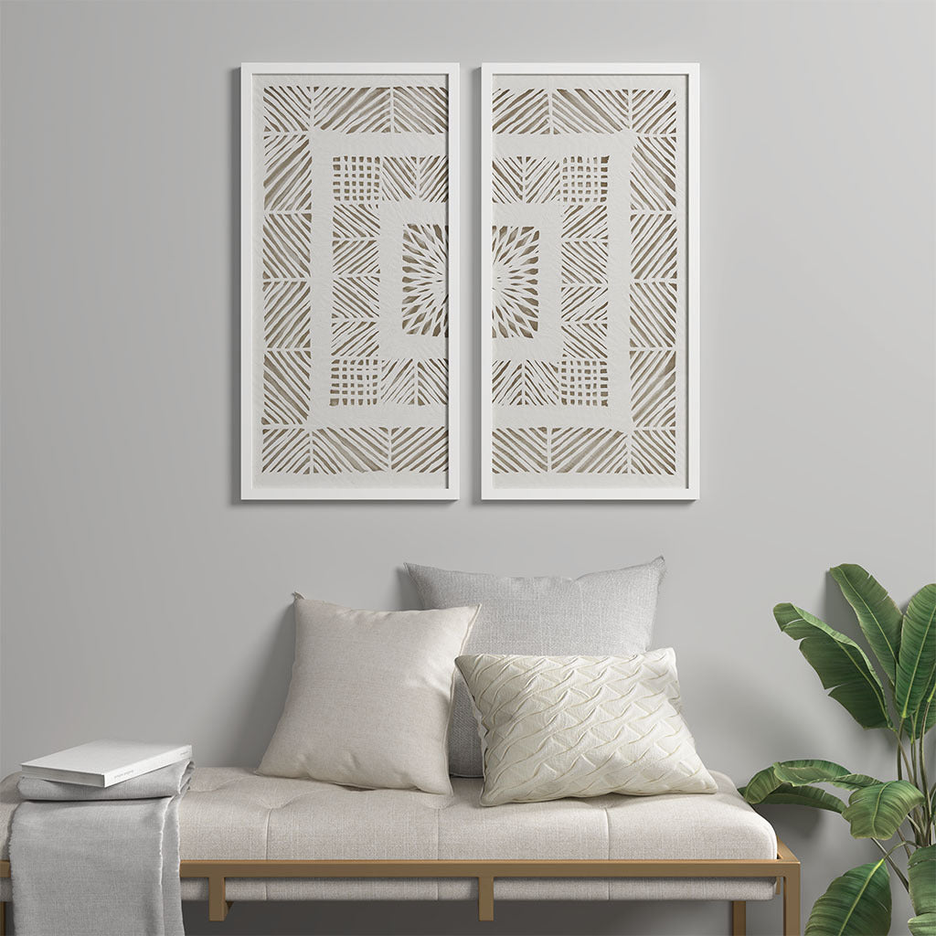 Framed Geometric Rice Paper Panel 2 Piece Shadowbox Wall Decor Set Off White Mdf