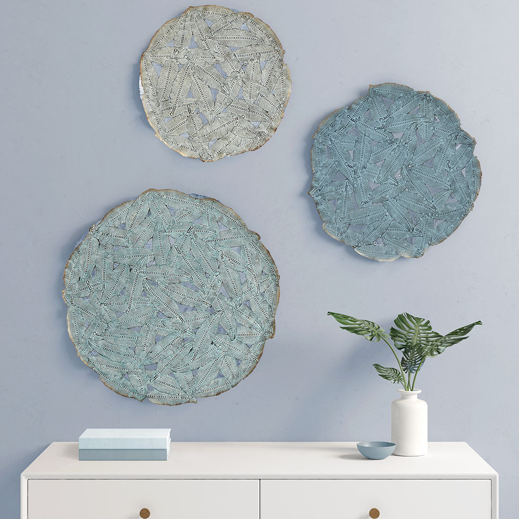 Textured Feather 3 Piece Metal Disc Wall Decor Set Blue Metal