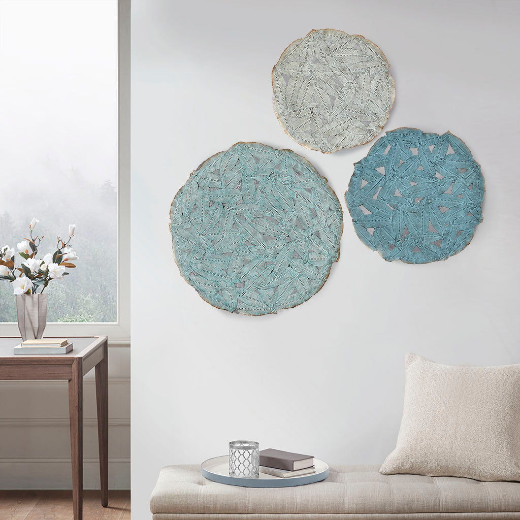 Textured Feather 3 Piece Metal Disc Wall Decor Set Blue Metal