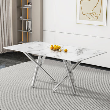 Large Modern Simple Rectangular Glass Dining Table For 6 8 People With 0.39 Inch White Imitation Marble Desktop And Silver Metal Legs For Kitchen Dining Living Room Meeting Room Banquet Hall 1538 White Glass