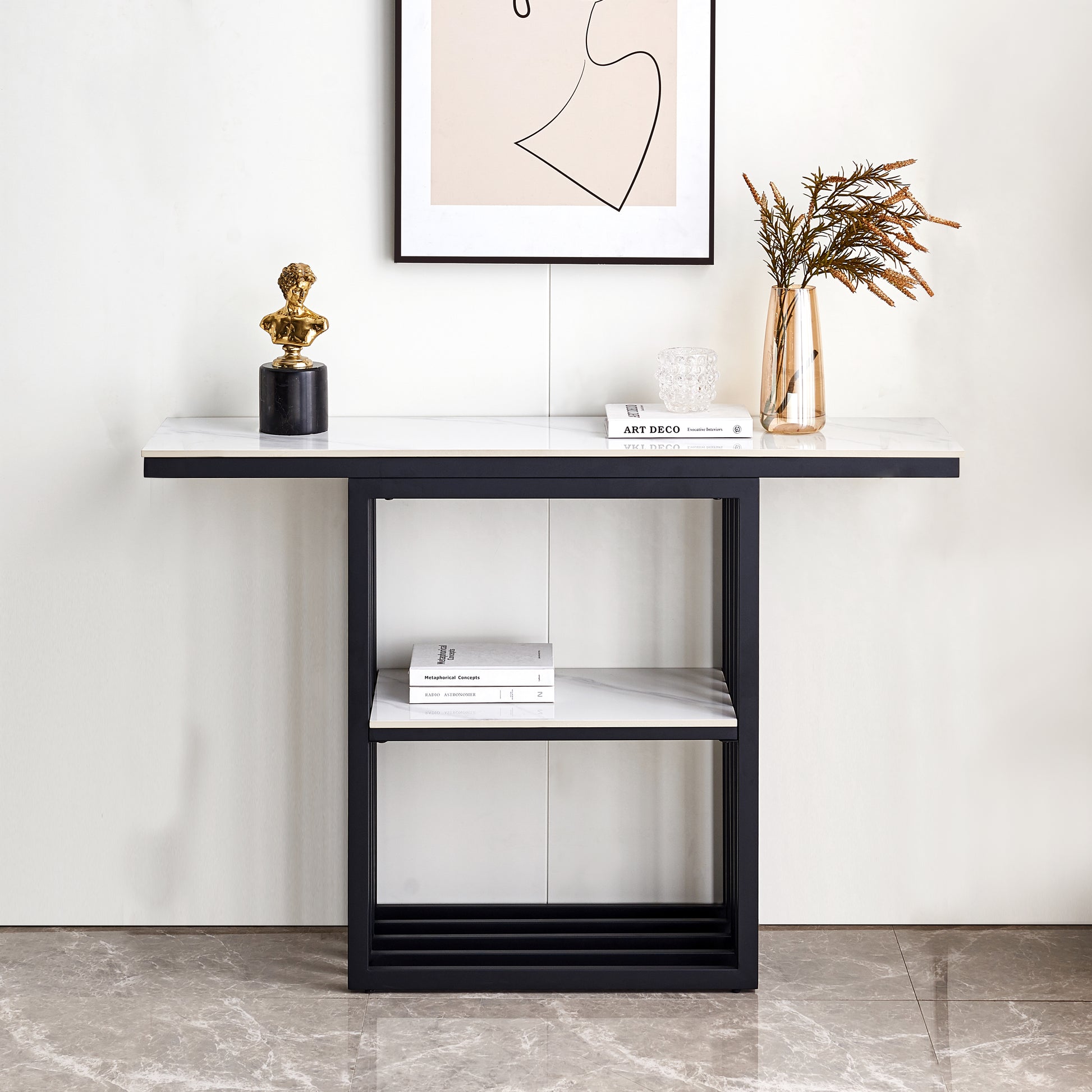 Modern Console Table, Metal Frame With Adjustable Foot Pads For Entrance, Corridor, Living Room & Office. Black Black Steel