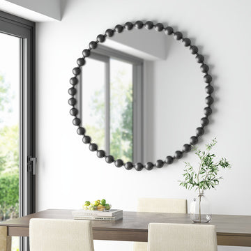 Beaded Round Wall Mirror 36"D Black Mdf