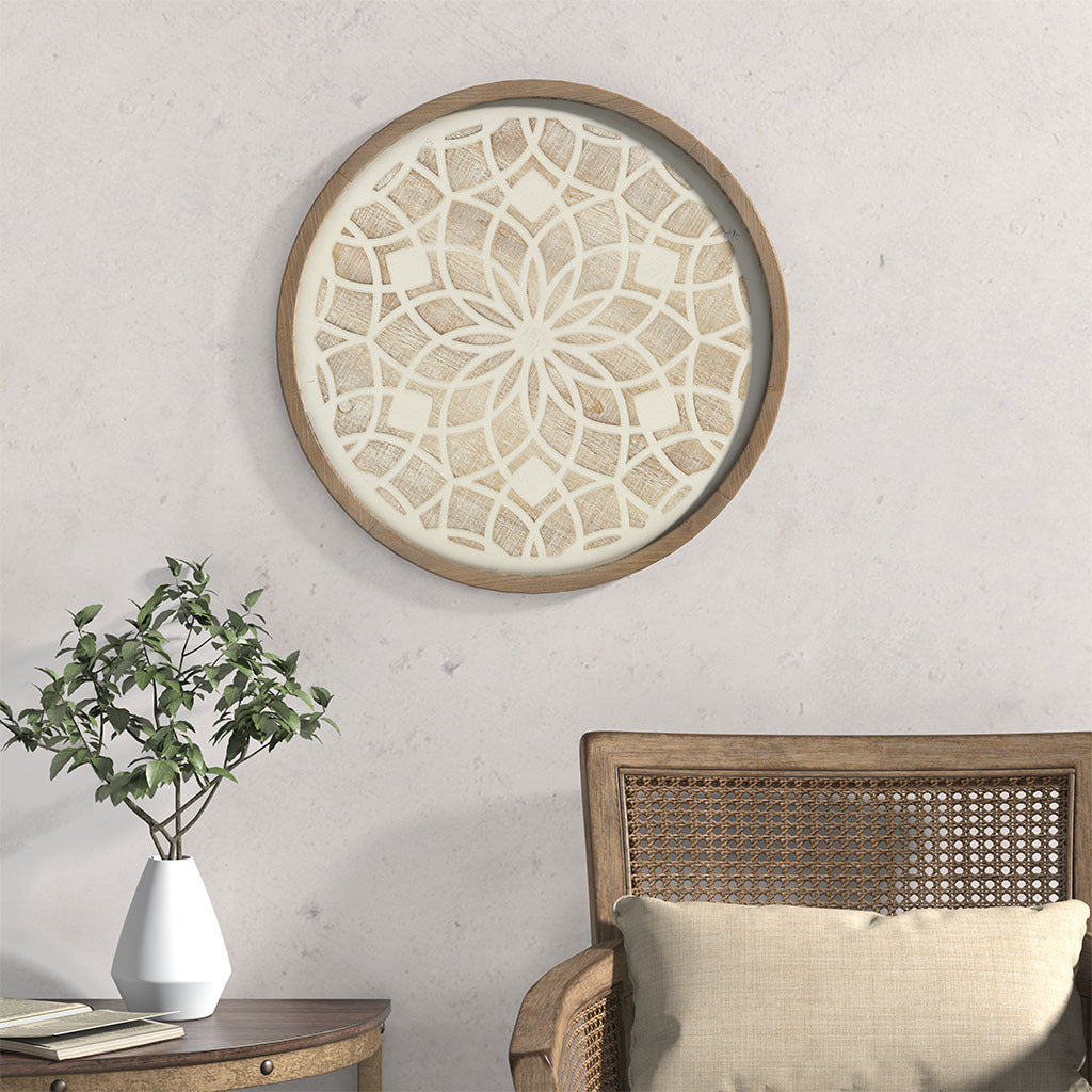 Round Two Tone Medallion Wall Decor Natural White Mdf