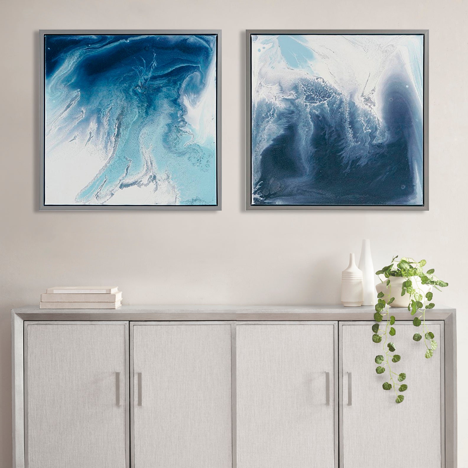 Abstract 2 Piece Framed Canvas Wall Art Set Blue Mdf