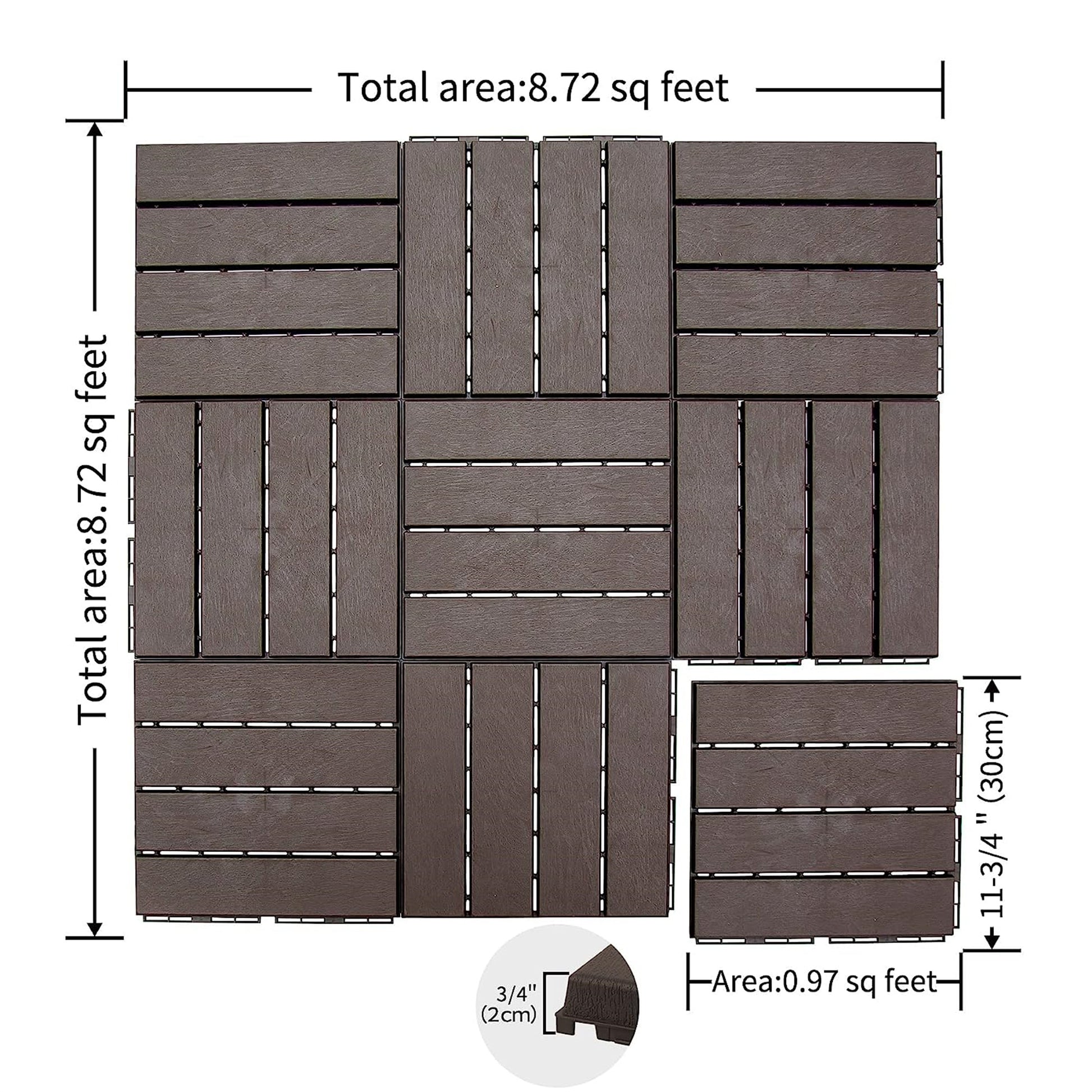 Patio Interlocking Deck Tiles, 12"X12" Square Composite Decking Tiles, Four Slat Plastic Outdoor Flooring Tile All Weather For Balcony Porch Backyard, Dark Brown, Pack Of 44 Brown Plastic