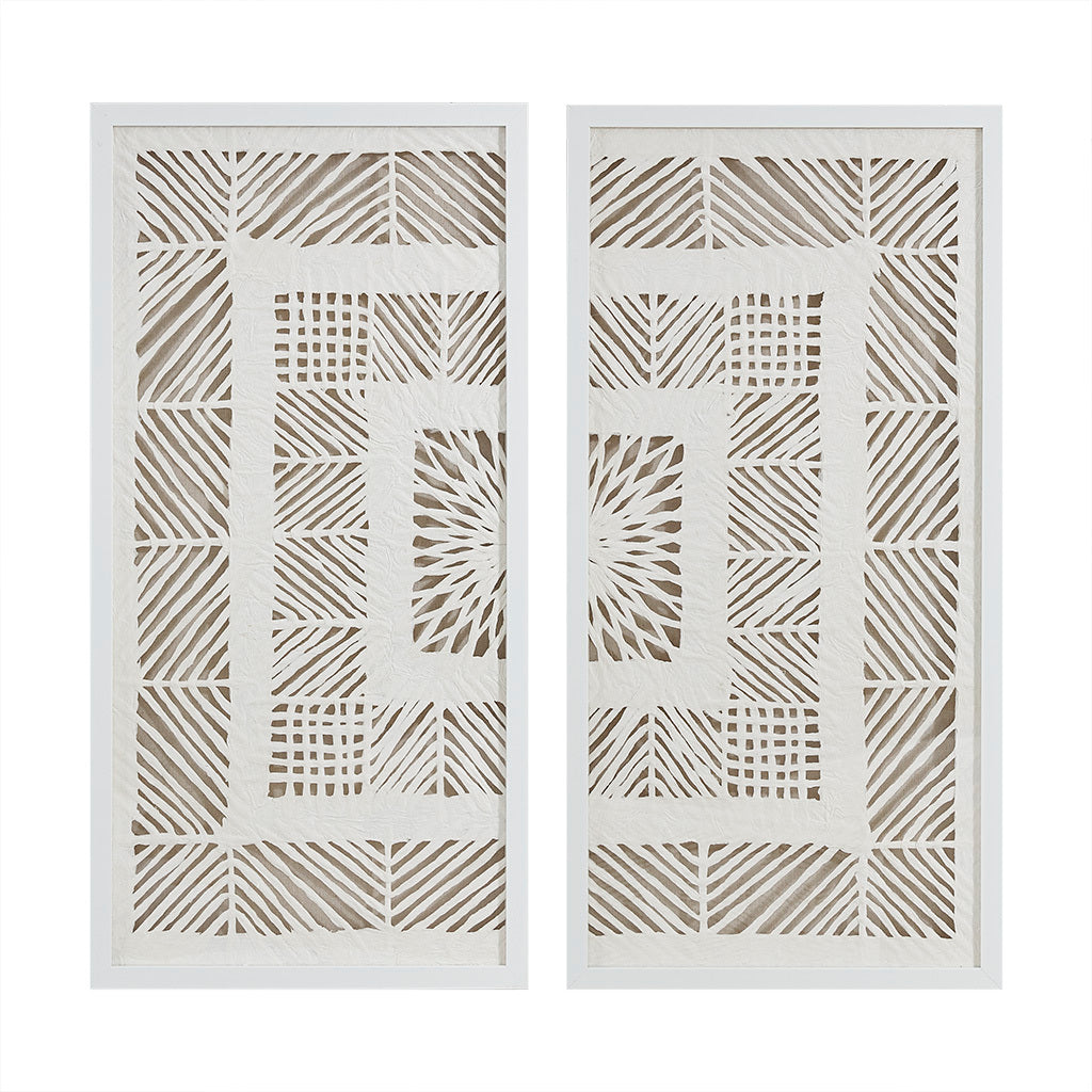 Framed Geometric Rice Paper Panel 2 Piece Shadowbox Wall Decor Set Off White Mdf