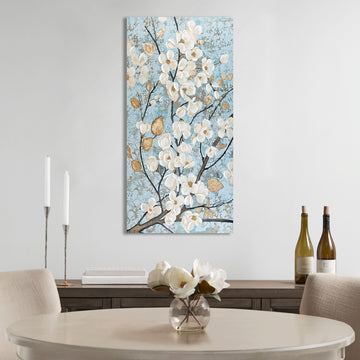 Gold Foil And Hand Embellished Floral Canvas Wall Art Blue Wood