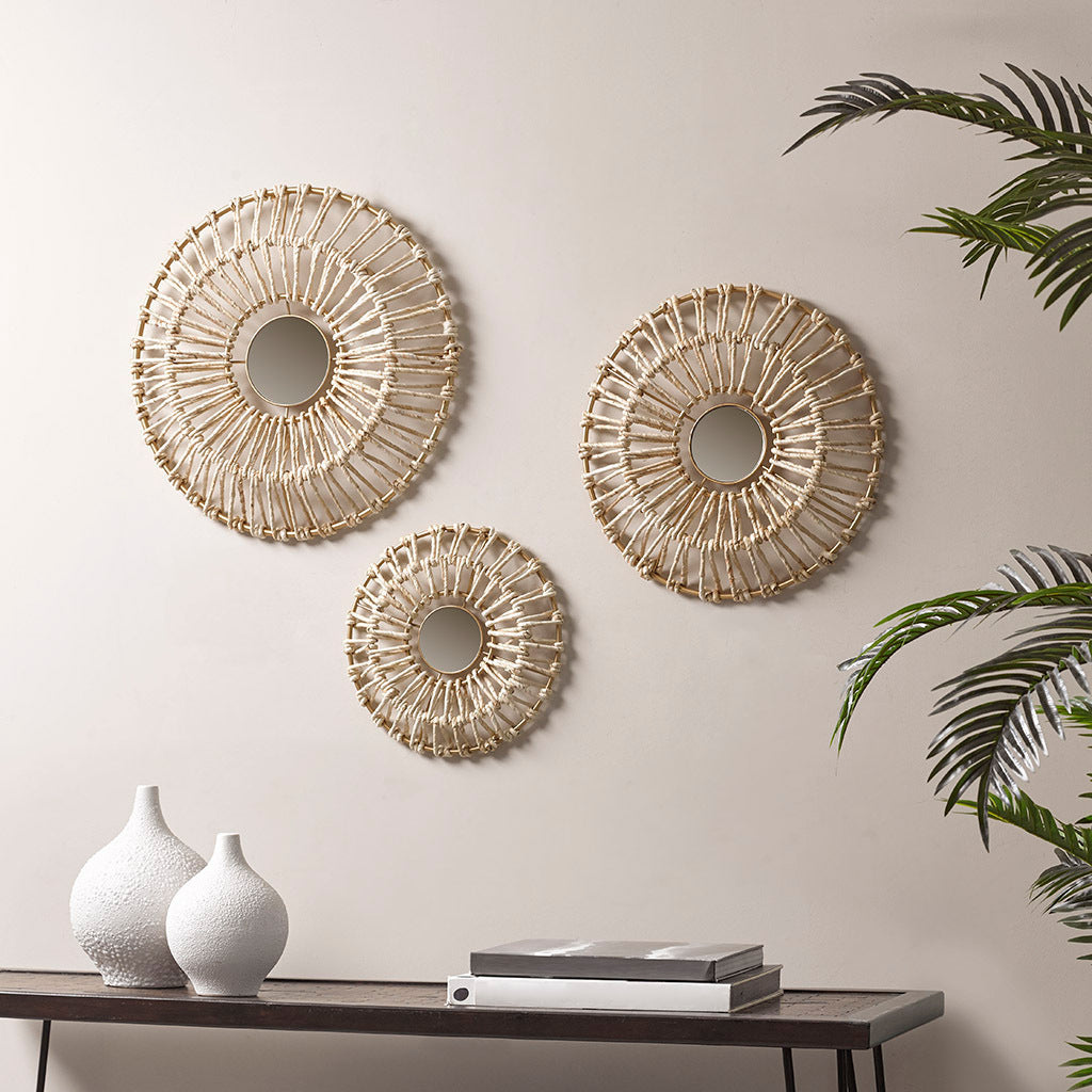 Round Natural Fiber And Mirror 3 Piece Wall Decor Set Neutral Metal