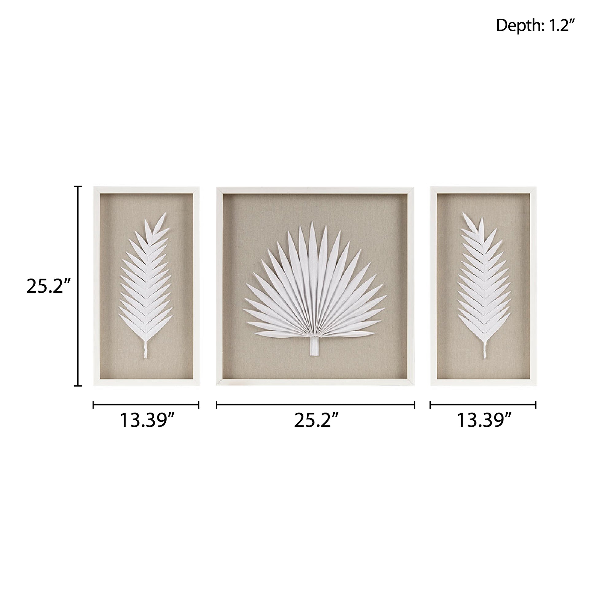 Framed Rice Paper Palm Leaves 3 Piece Shadowbox Wall Decor Set Off White Mdf