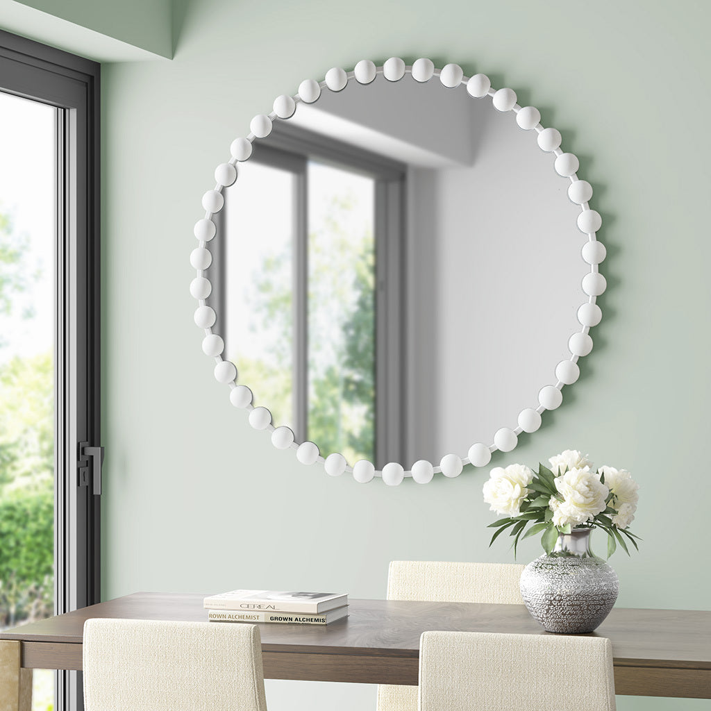 Beaded Round Wall Mirror 36"D White Mdf