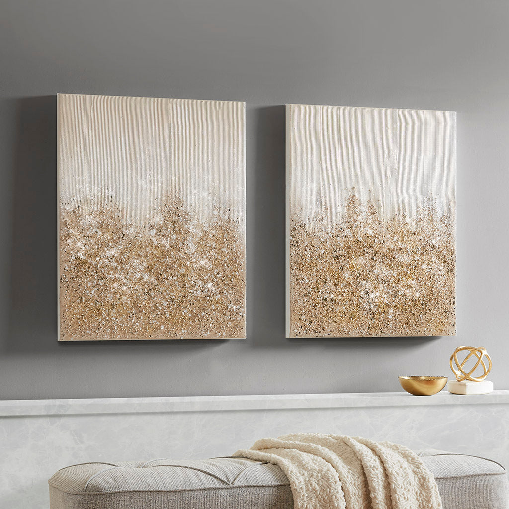 Heavily Embellished 2 Piece Canvas Wall Art Set Gold Mdf