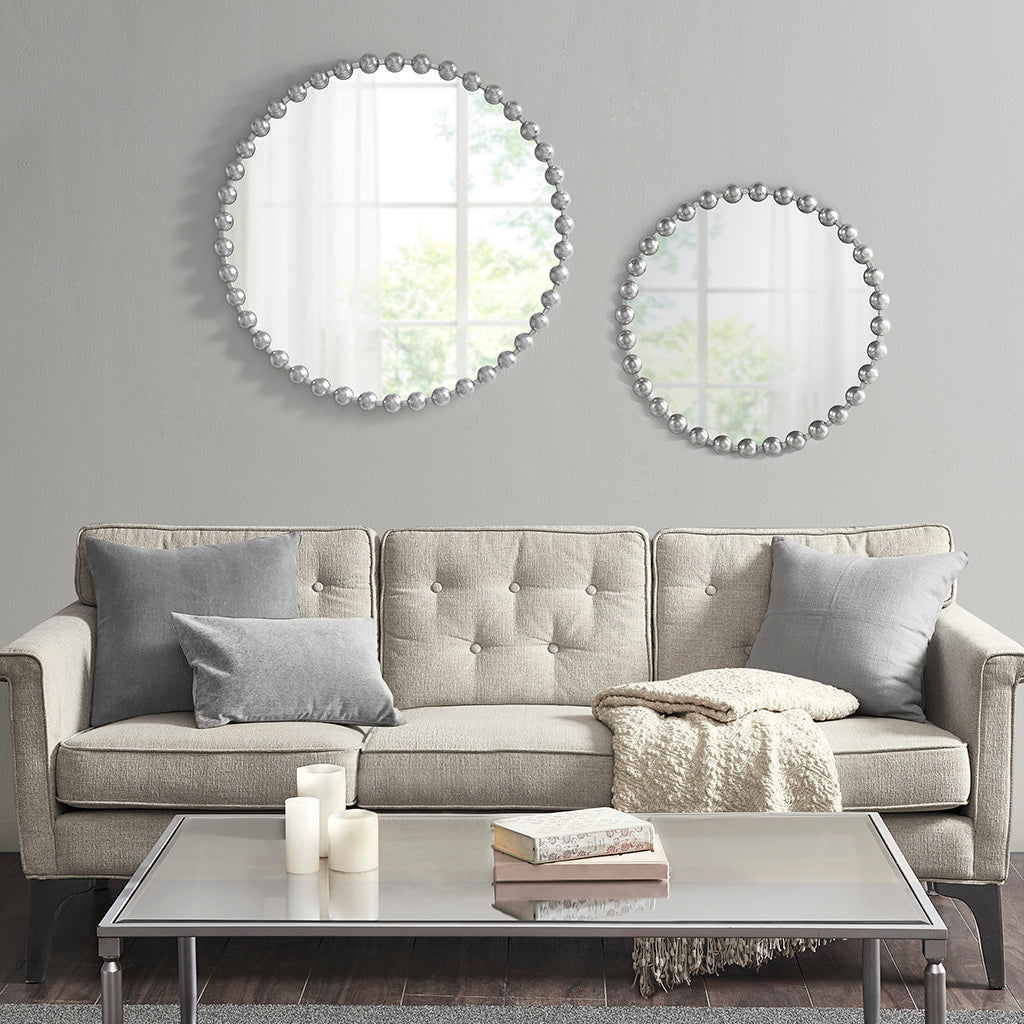 Beaded Round Wall Mirror 27"D Silver Mdf