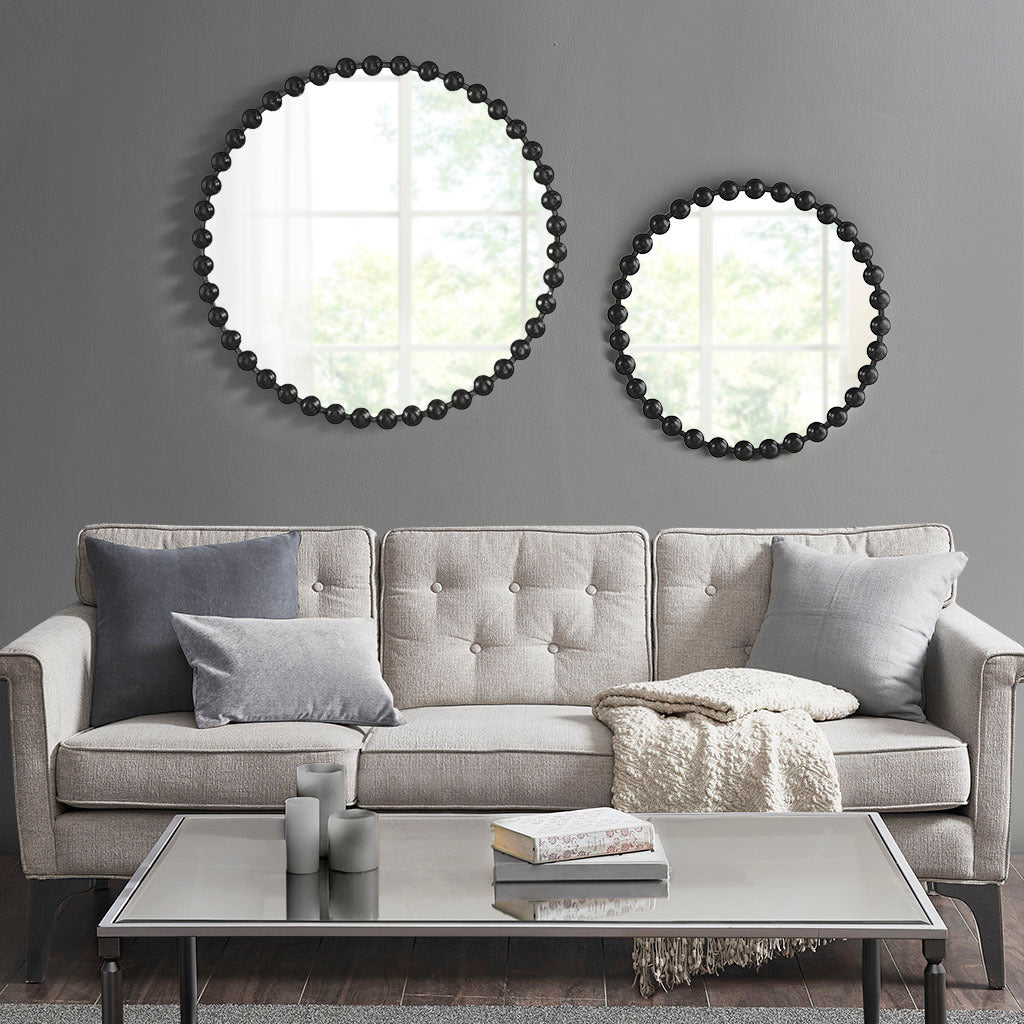 Beaded Round Wall Mirror 36"D Black Mdf