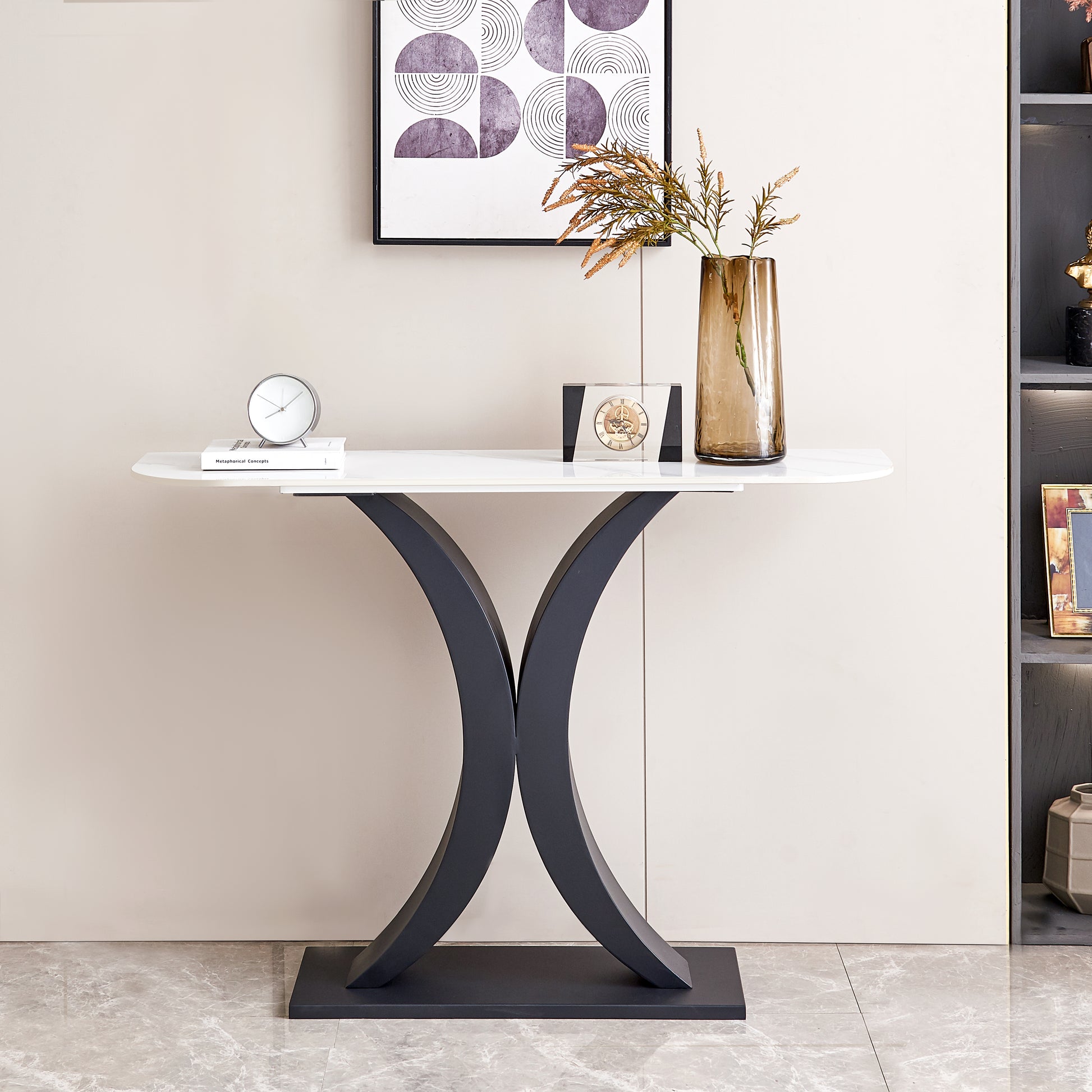 Modern Console Table, Exquisite Shape Design, Metal Frame With Adjustable Foot Pads For Entrance, Corridor, Living Room & Office. Black Black Steel