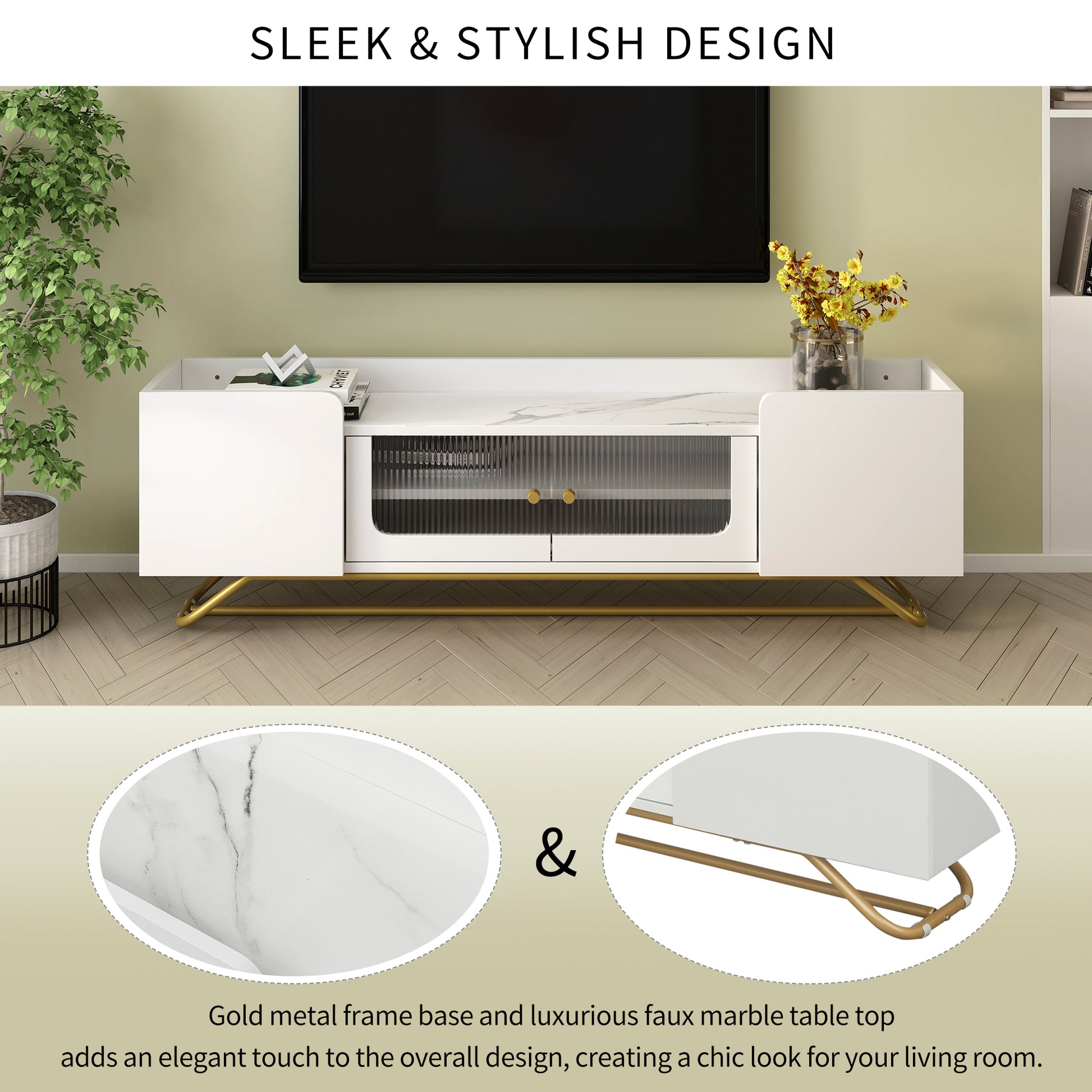 Sleek Design Tv Stand With Fluted Glass, Contemporary Entertainment Center For Tvs Up To 70", Faux Marble Top Tv Console Table With Gold Frame Base, White White Primary Living Space 70 79 Inches 70 79 Inches Modern 70 Inches Particle Board