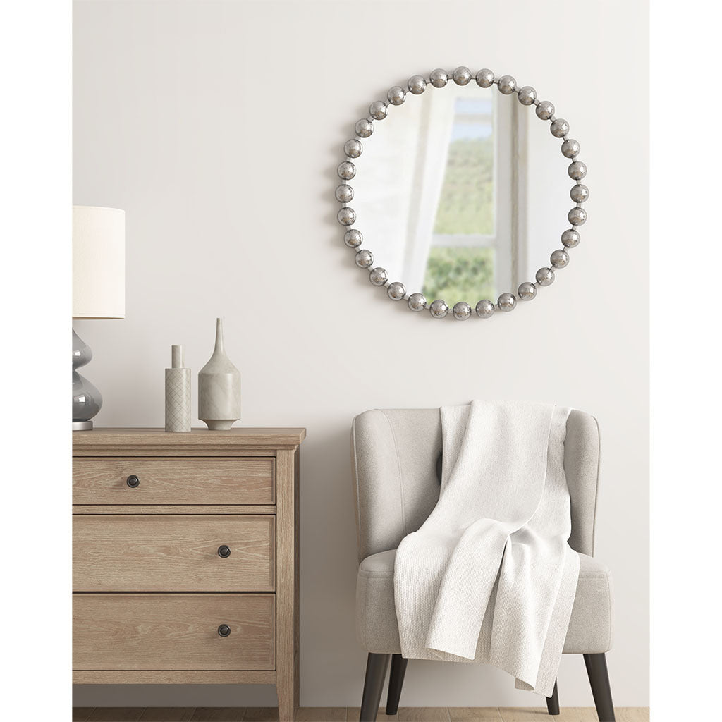 Beaded Round Wall Mirror 27"D Silver Mdf